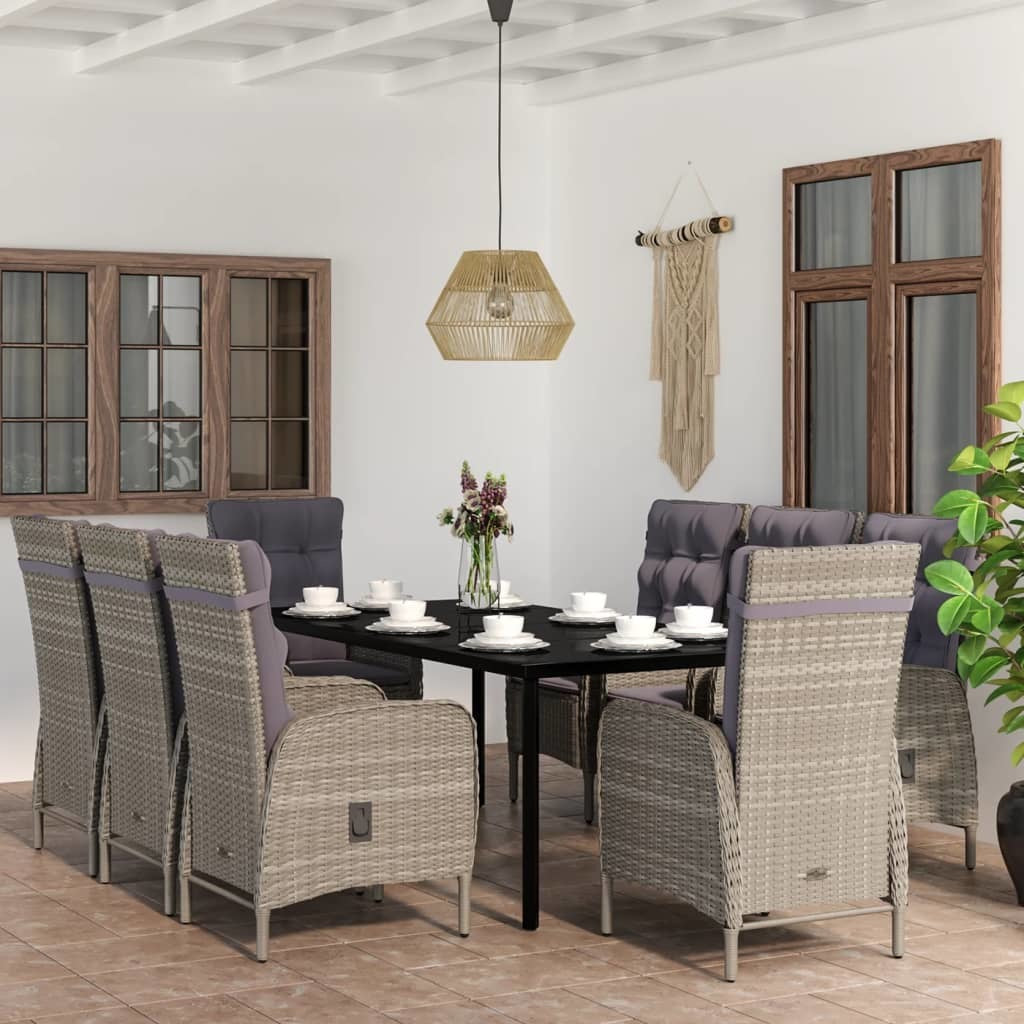 9 Piece Patio Dining Set with Cushions Gray and Black