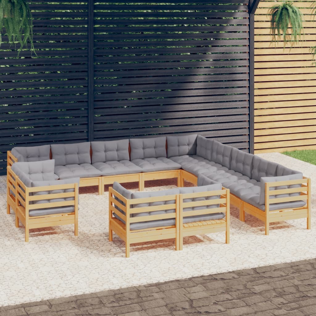 13 Piece Patio Lounge Set with Gray Cushions Solid Pinewood