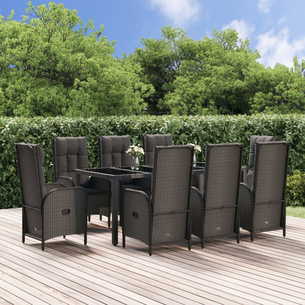 9 Piece Patio Dining Set with Cushions Black and Gray Poly Rattan