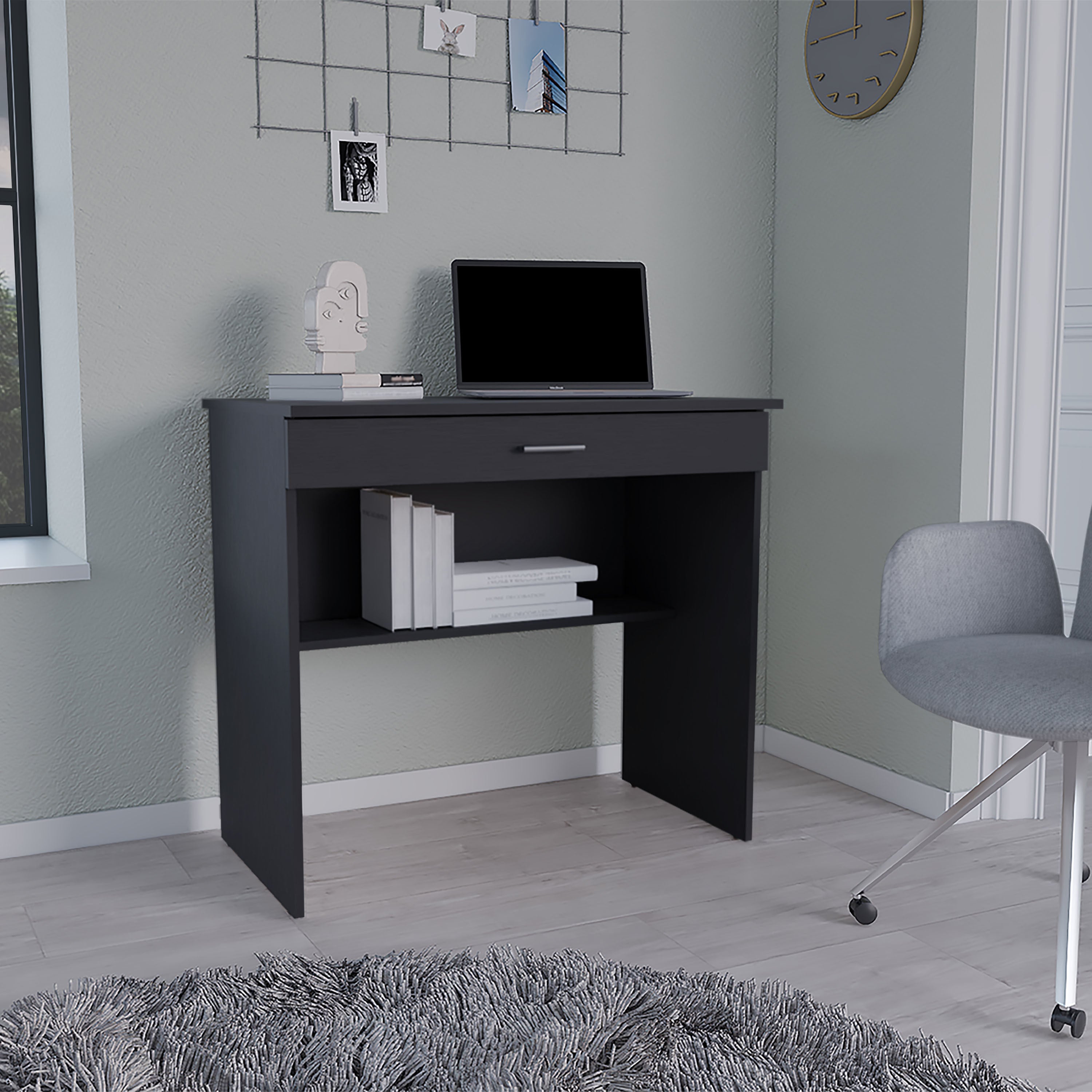 Montana Storage Desk, 28.9H" Spacious Stylish with One Drawer and Shelf, Black