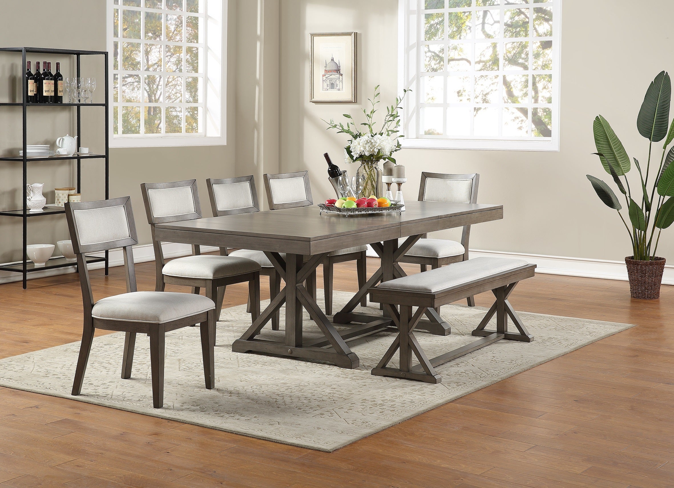 Contemporary Dining Room Furniture Dining Table w Leaf Ash Gray Large Family 8pc Dining Set 6x Side Chairs And Bench