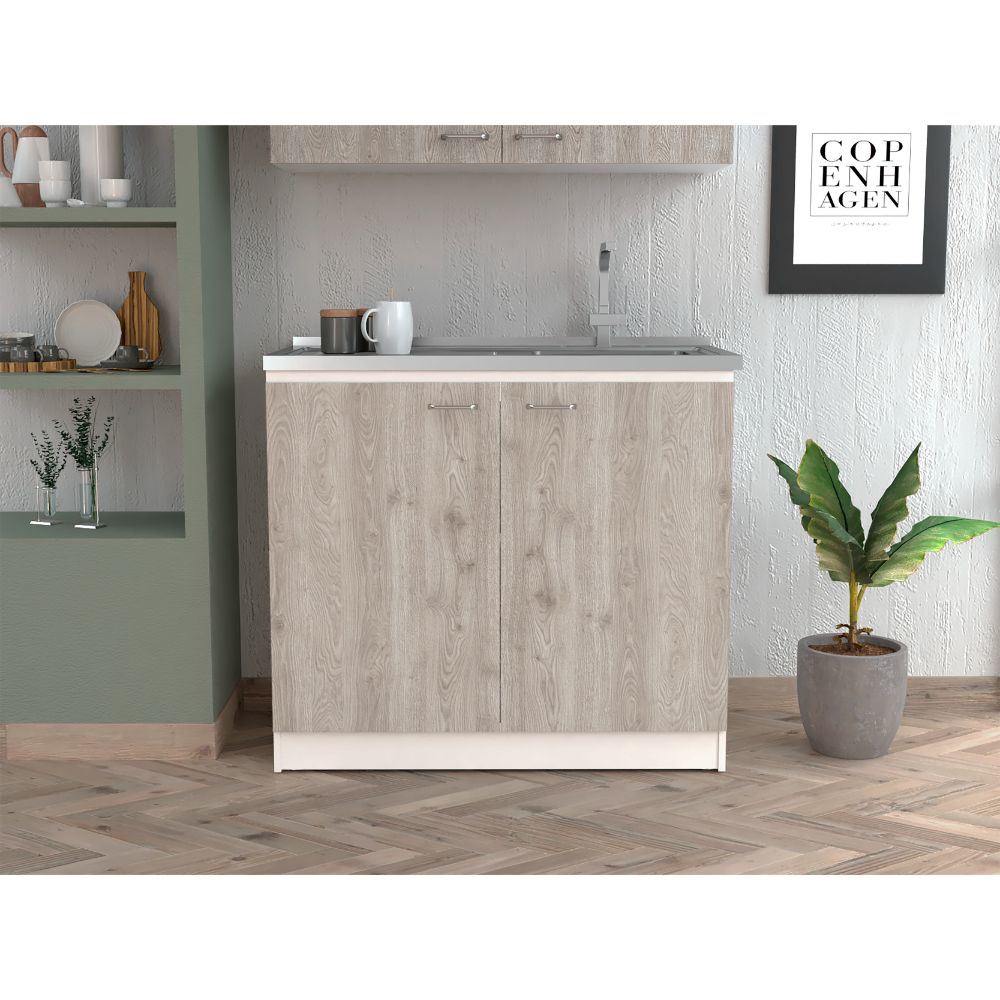 Napoles Utility Sink with Cabinet One Shelf, Double Door Cabinet -Smokey Oak / Light Gray