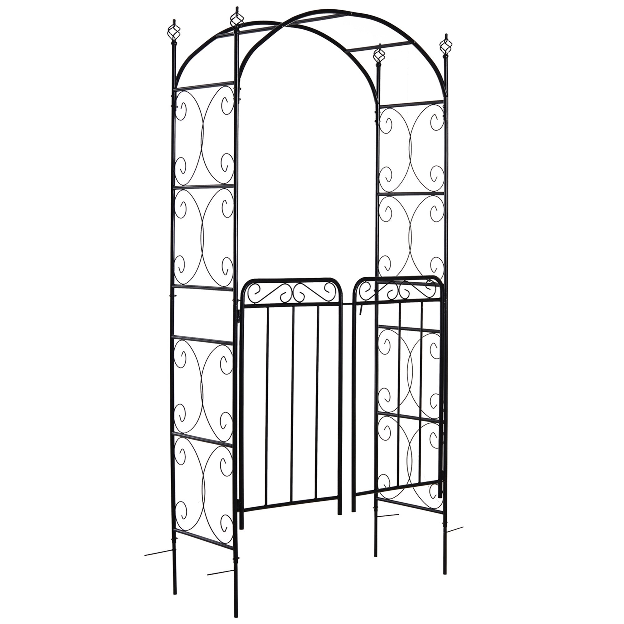 Outsunny 84" Garden Arch Arbor with Gate, Metal Arch Trellis, Garden Archway for Climbing Vines, Wedding Ceremony Decoration, Flourishes & Arrow Tips, Black