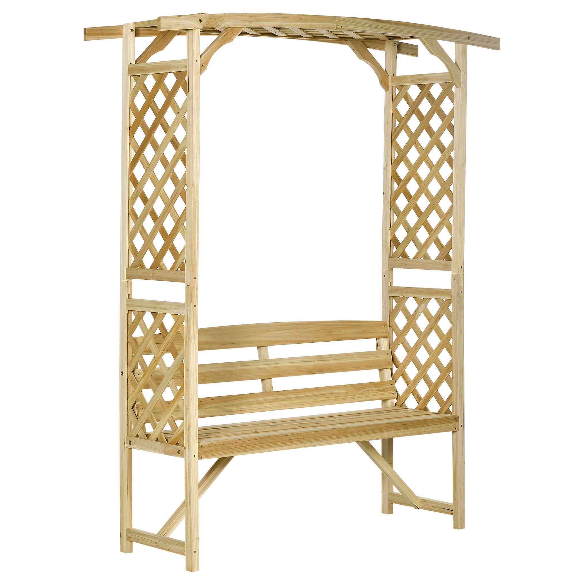 Outsunny Patio Garden Bench Arbor Arch with Pergola and 2 Trellises, 3 Seat Natural Wooden Outdoor Bench for Grape Vines & Climbing Plants, Backyard Decor, Natural