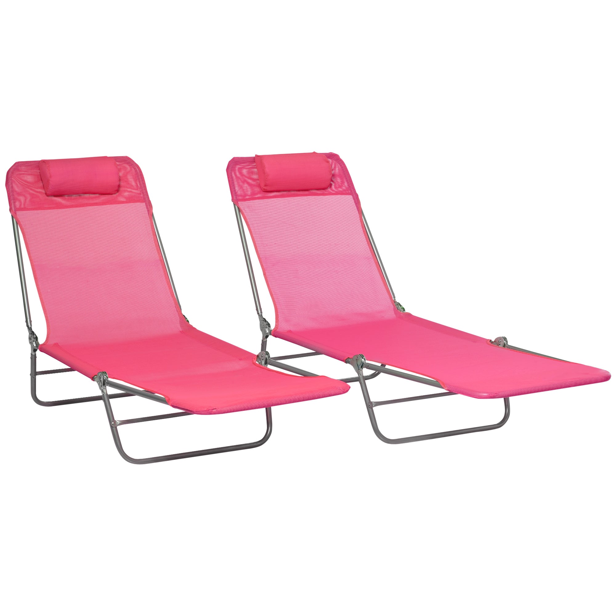 Outsunny 2 Piece Folding Chaise Lounge Chairs, Pool Sun Tanning Chairs, Outdoor Lounge Chairs with 6-Position Reclining Back, Breathable Mesh Seat, Headrest for Beach, Yard, Patio, Pink