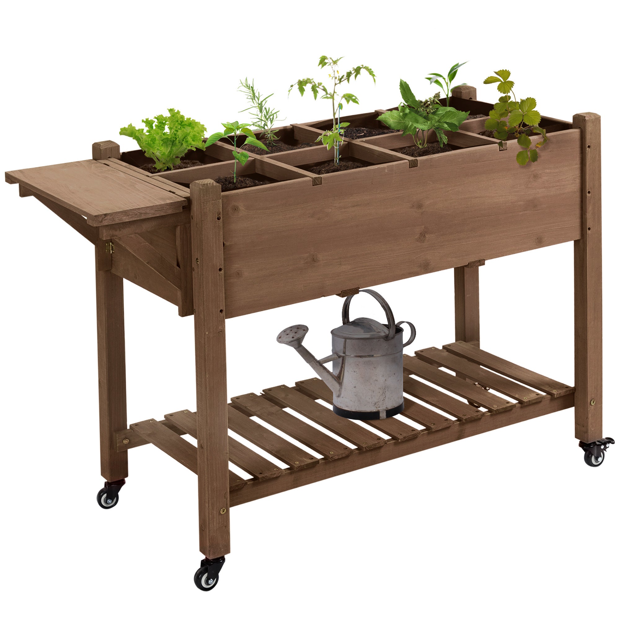 Outsunny Raised Garden Bed with 8 Grow Grids, Wooden Outdoor Plant Box Stand with Folding Side Table and Wheels, 49" x 21" x 34", for Vegetables, Flowers, Herbs, Brown