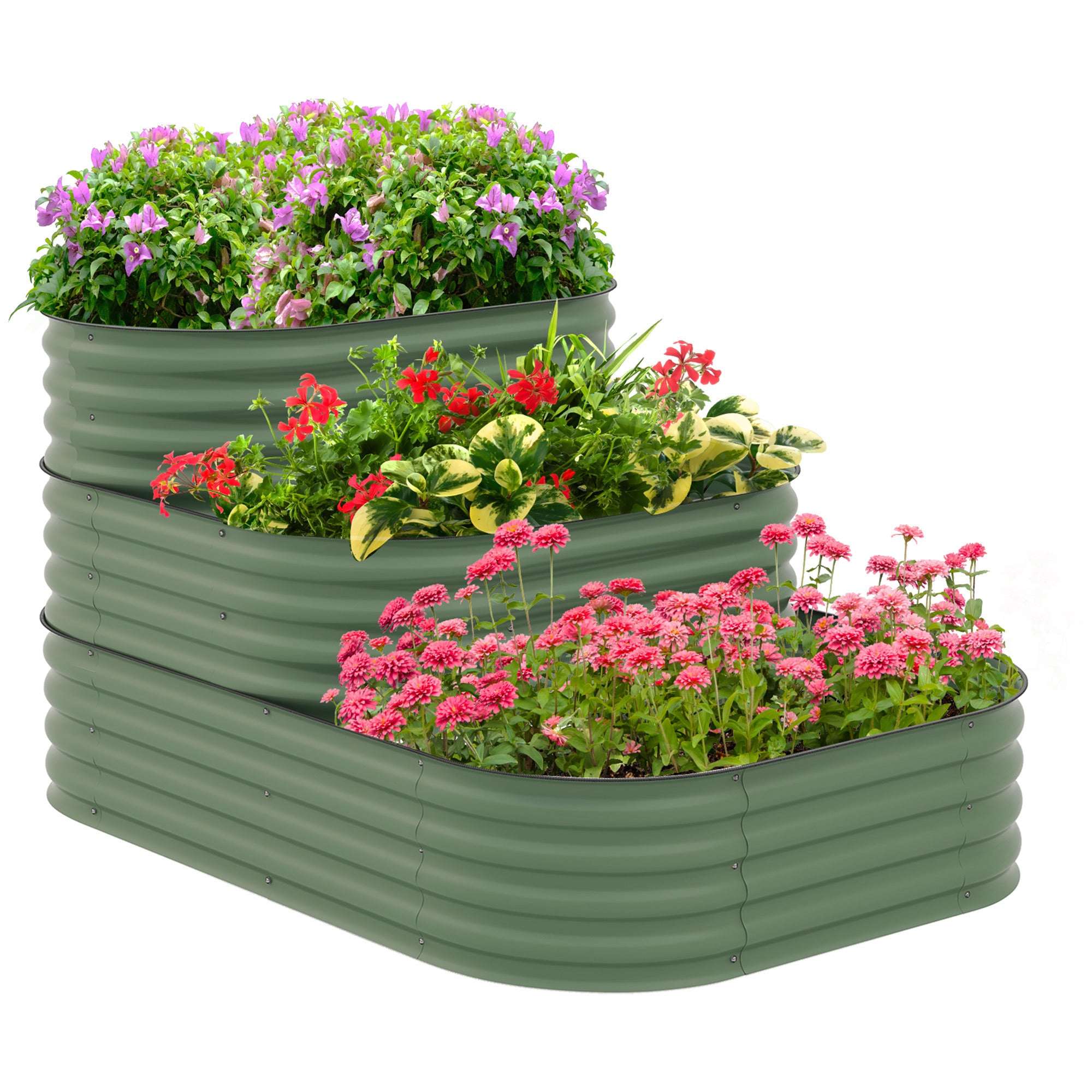 Outsunny 3-Tier Galvanized Steel Raised Garden Bed Kit, 62.25" x 43" x 32.25", 3 Combining Planter Boxes with Rubber Strip Edging, Open Bottom for Backyard, Garden, Patio, Green