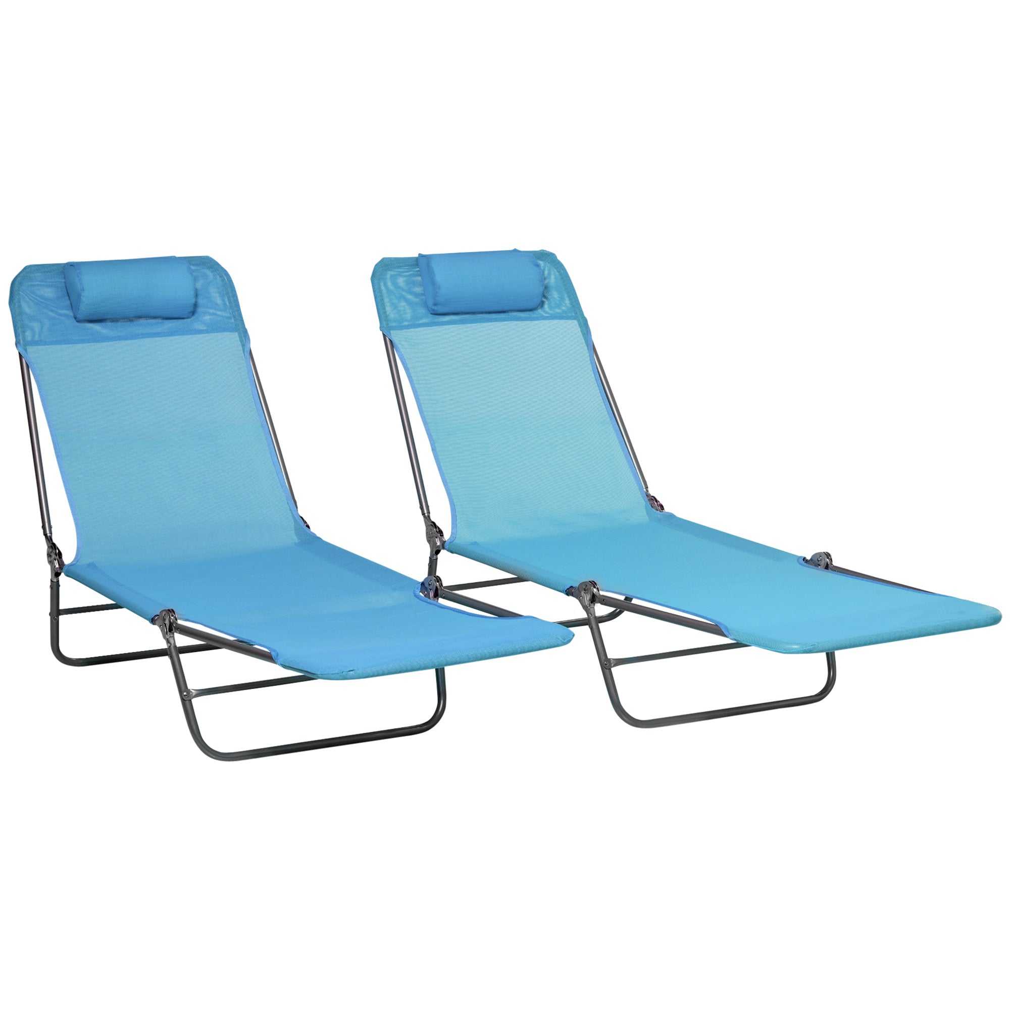 Outsunny 2 Piece Folding Chaise Lounge Chairs, Pool Sun Tanning Chairs, Outdoor Lounge Chairs with 6-Position Reclining Back, Breathable Mesh Seat, Headrest for Beach, Yard, Patio, Blue