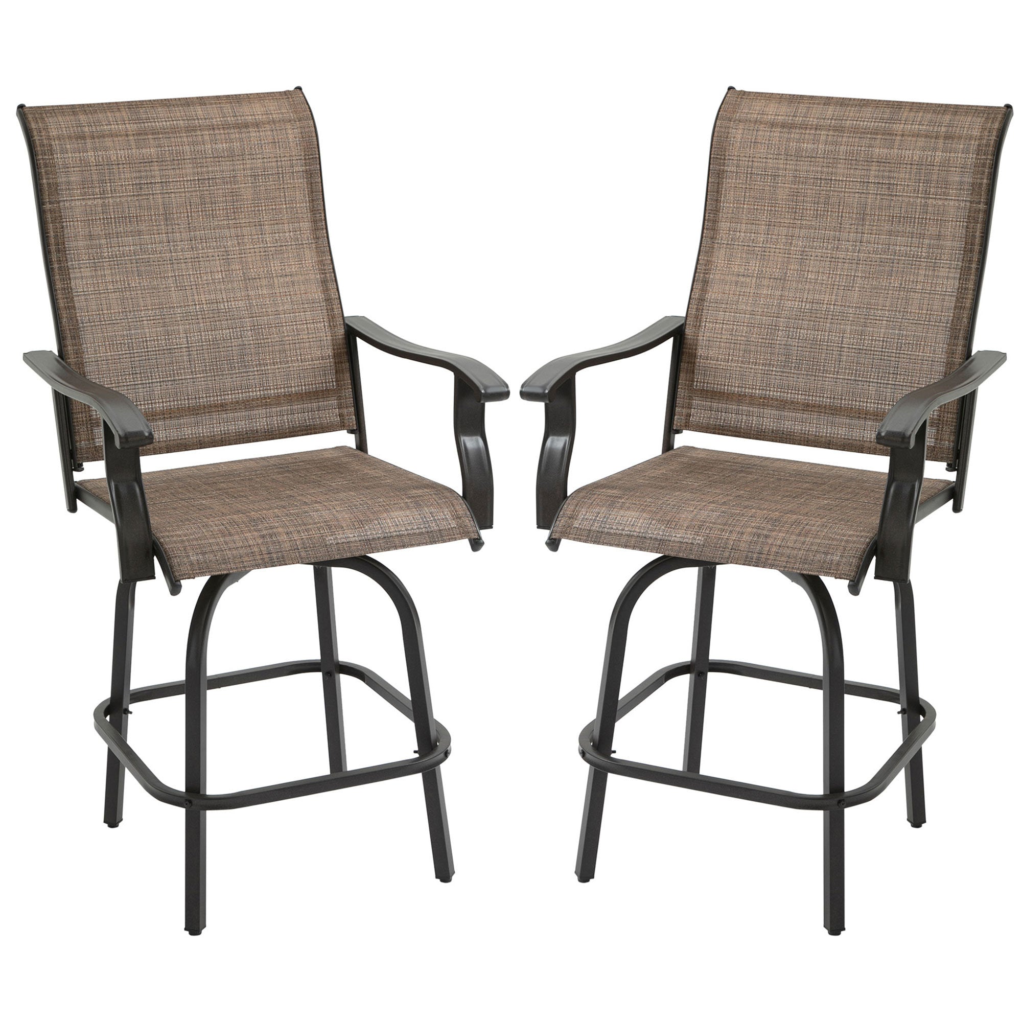 Outsunny Set of 2 Outdoor Swivel Bar Stools with Armrests, Bar Height Patio Chairs with Steel Frame for Balcony, Poolside, Backyard, Brown