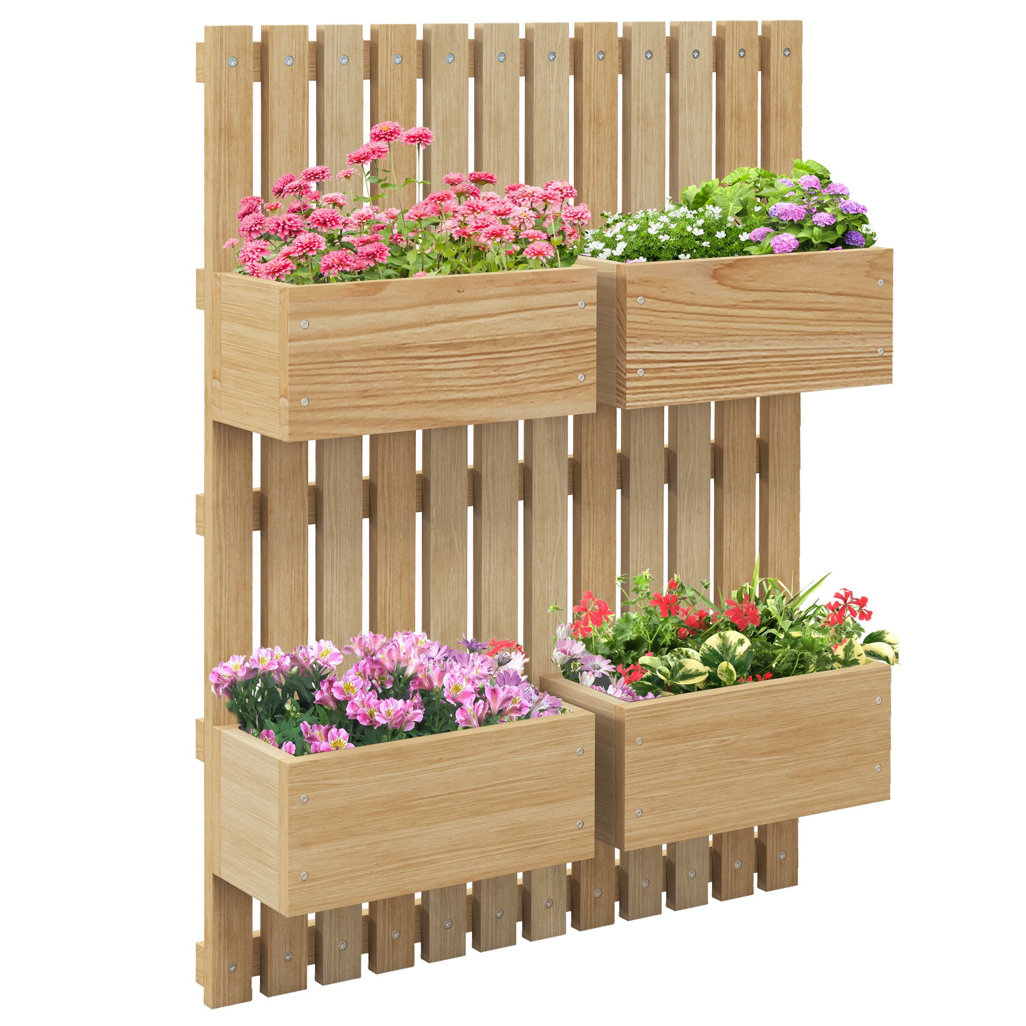 Outsunny 4 Box Raised Garden Bed with Trellis for Vine Flowers & Climbing Plants, 31.5" Tall Wall-Mounted Wood Planter Box Set with Adjustable Height, Drainage Hole, Natural