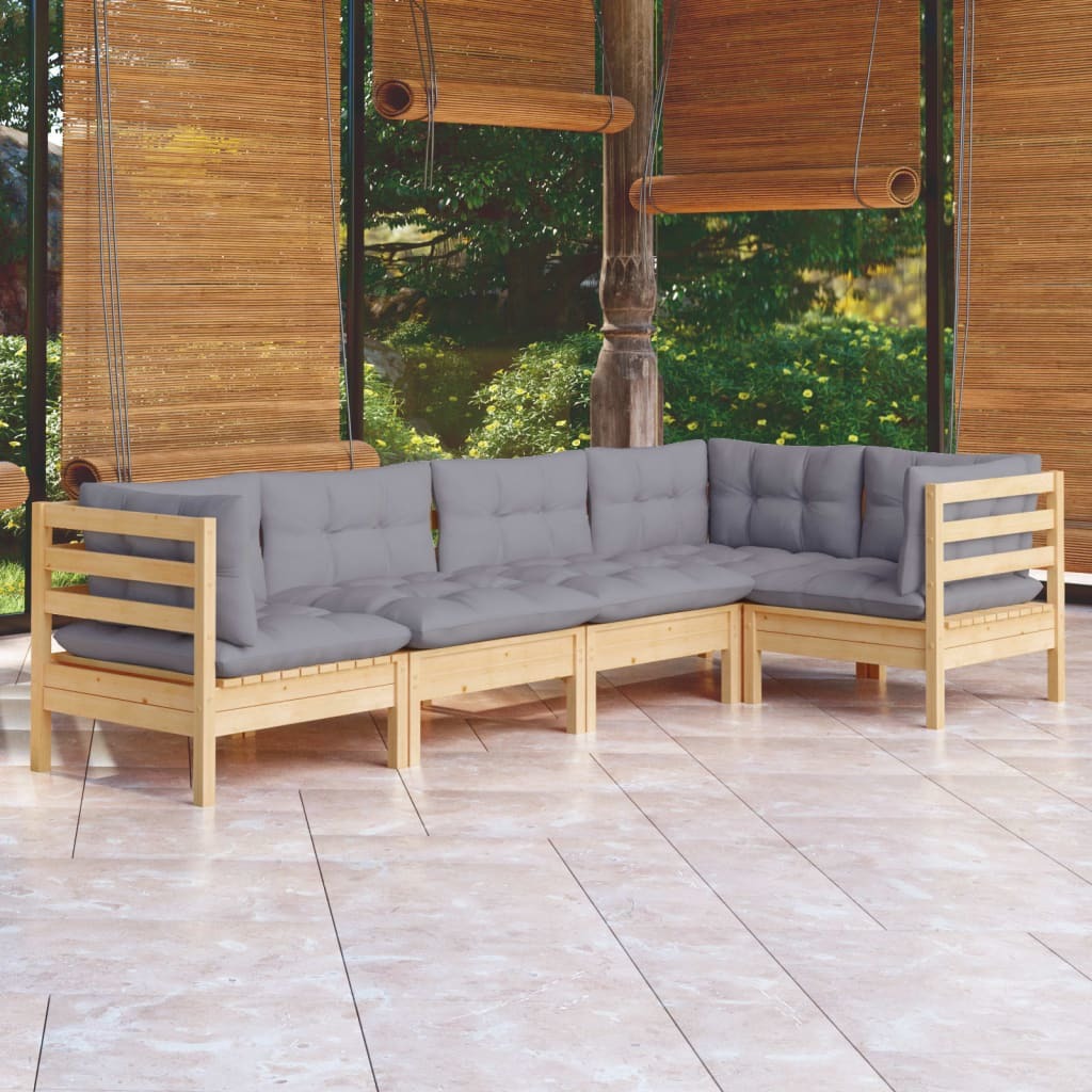 5 Piece Patio Lounge Set with Gray Cushions Pinewood