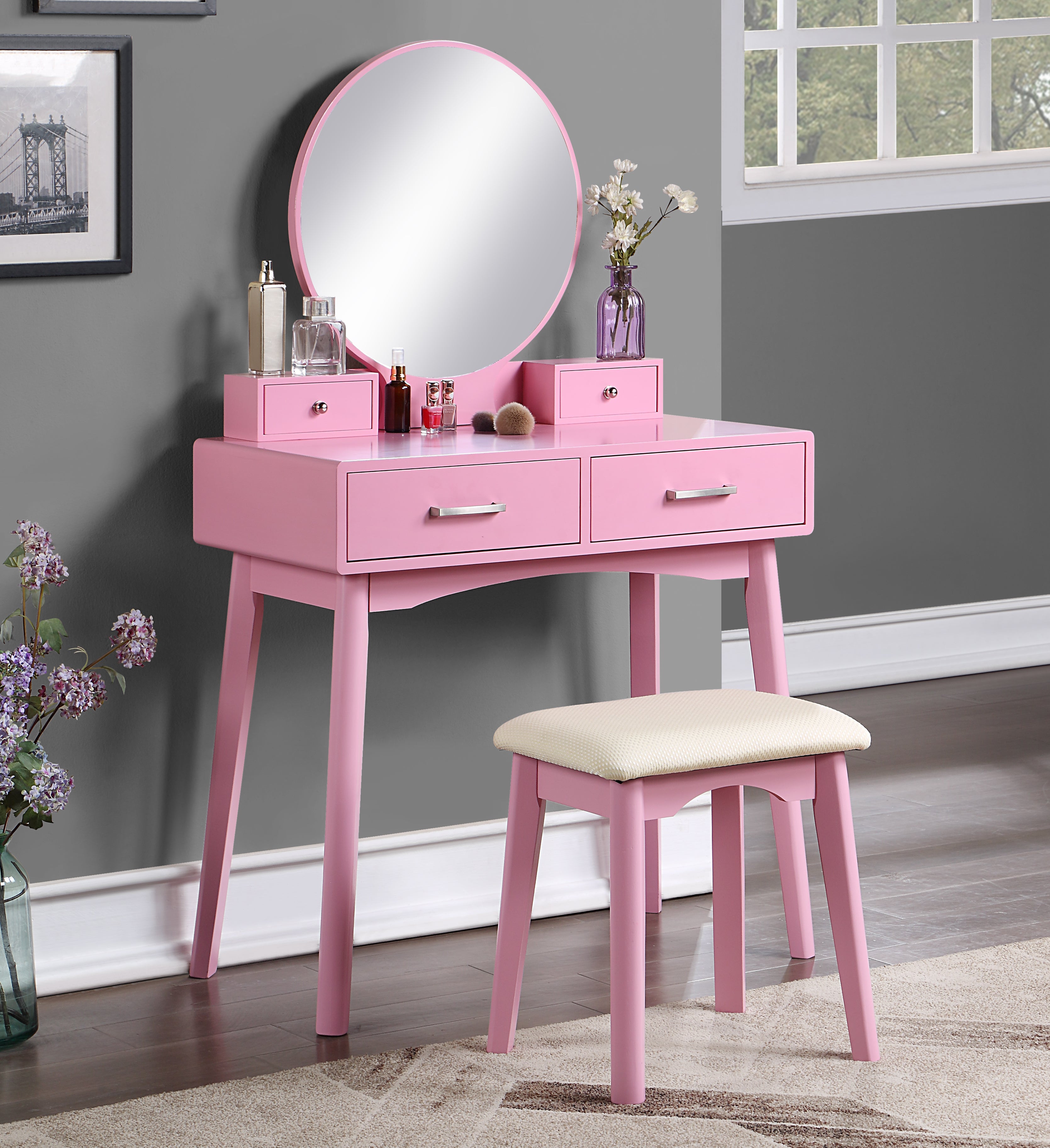 Liannon Contemporary Wood Vanity and Stool Set, Pink