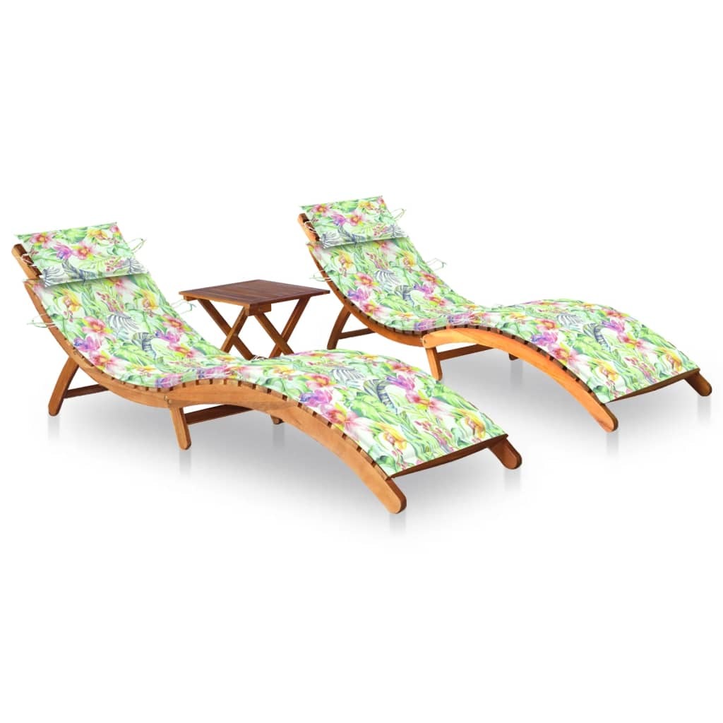 Sun Loungers 2 pcs with Table and Cushions Solid Acacia Wood