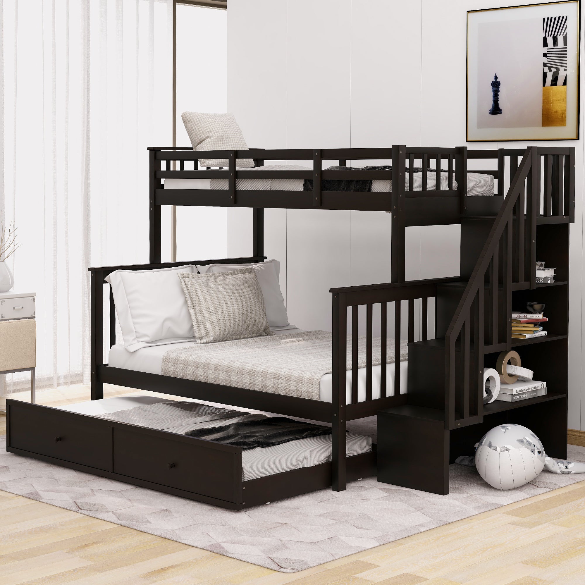 Twin-Over-Full Bunk Bed with Twin size Trundle, Storage and Guard Rail for Bedroom, Dorm, for Adults, Espresso(OLD SKU :LT000119AAP)