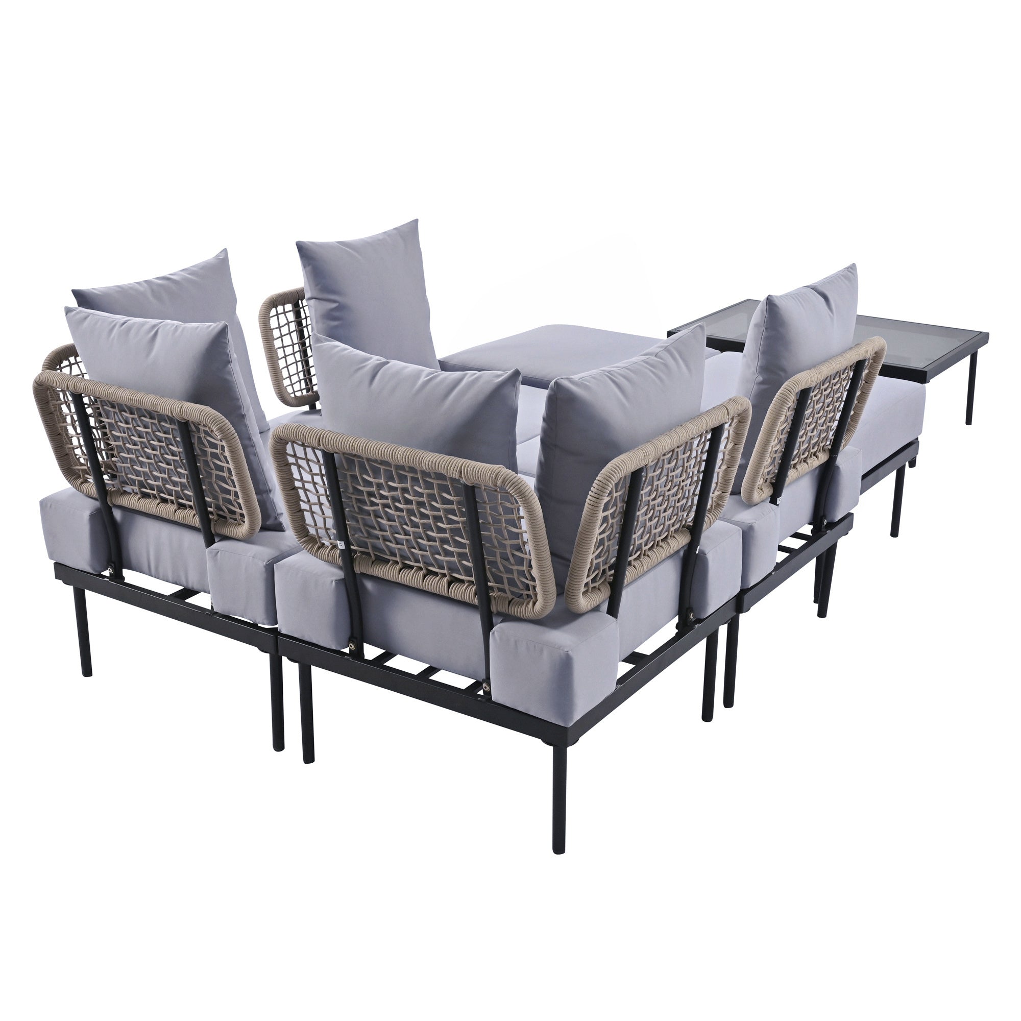 TREXM 8-Piece Patio Sectional Sofa Set with Tempered Glass Coffee Table and Wooden Coffee Table for Outdoor Oasis, Garden, Patio and Poolside (Light Grey Cushion + Black Steel)