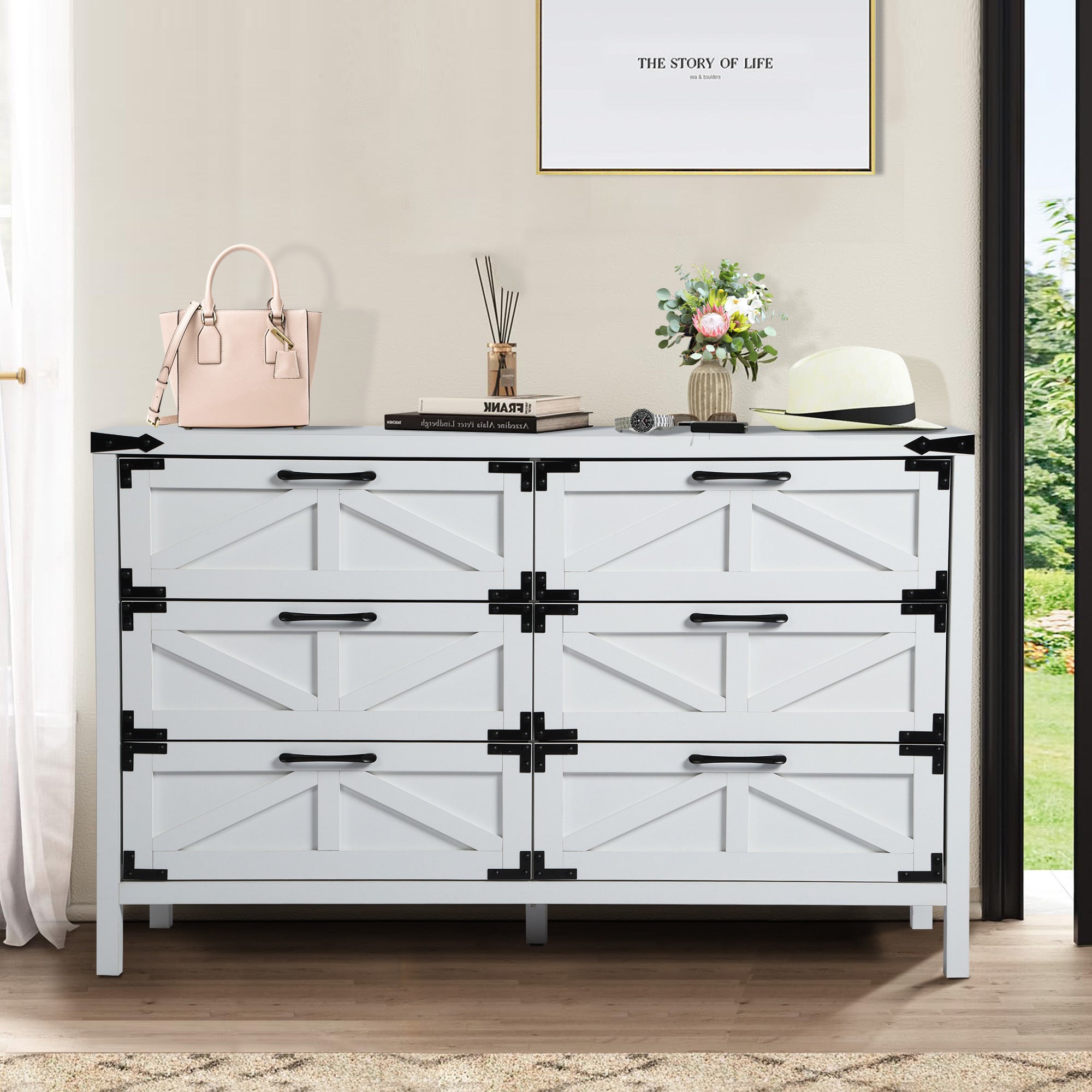 6 Drawers Dresser for Bedroom, Farmhouse Barn Chest of Drawers, Modern Storage Organizer Dresser for Bedroom, Hallway, Living Room (White)
