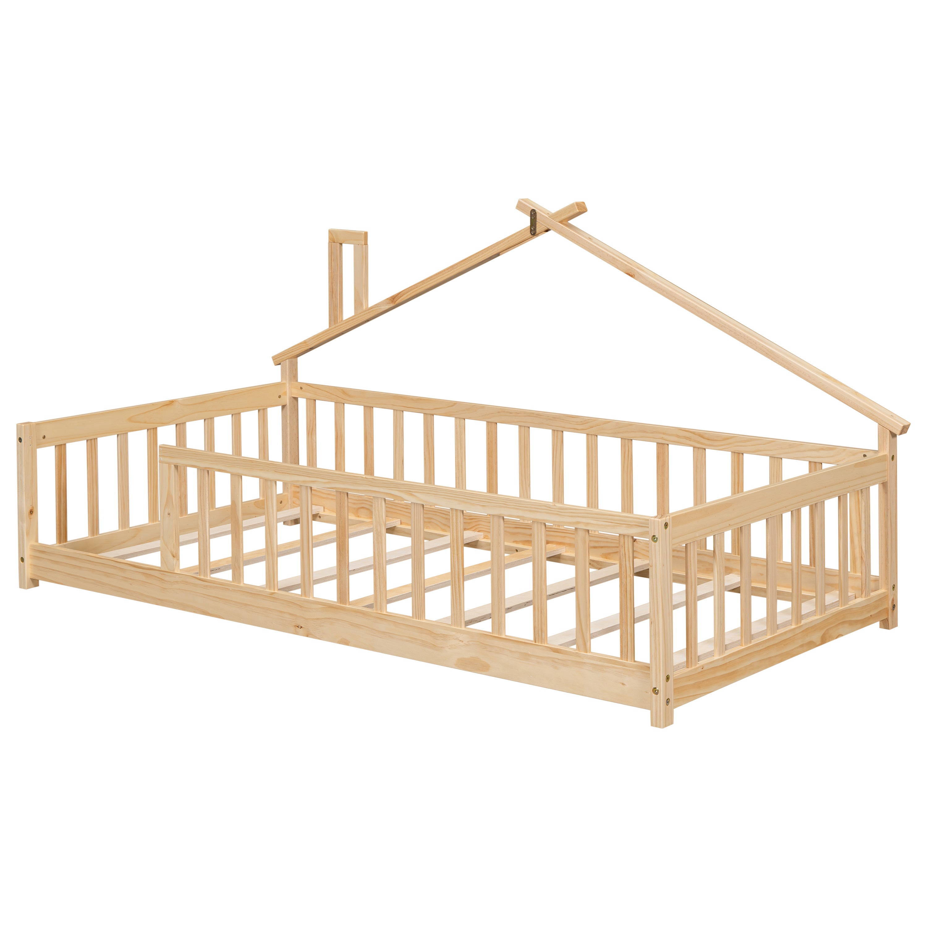 Twin House-Shaped Bedside Floor Bed with Guardrails, Slats, without Door ,Natural