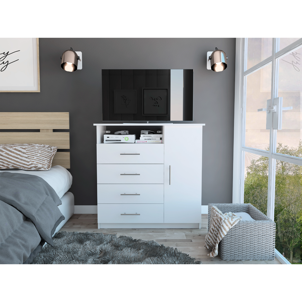 Peru 4 Drawer Dresser, Single Door Cabinet, One Open Shelf, Superior Top -White