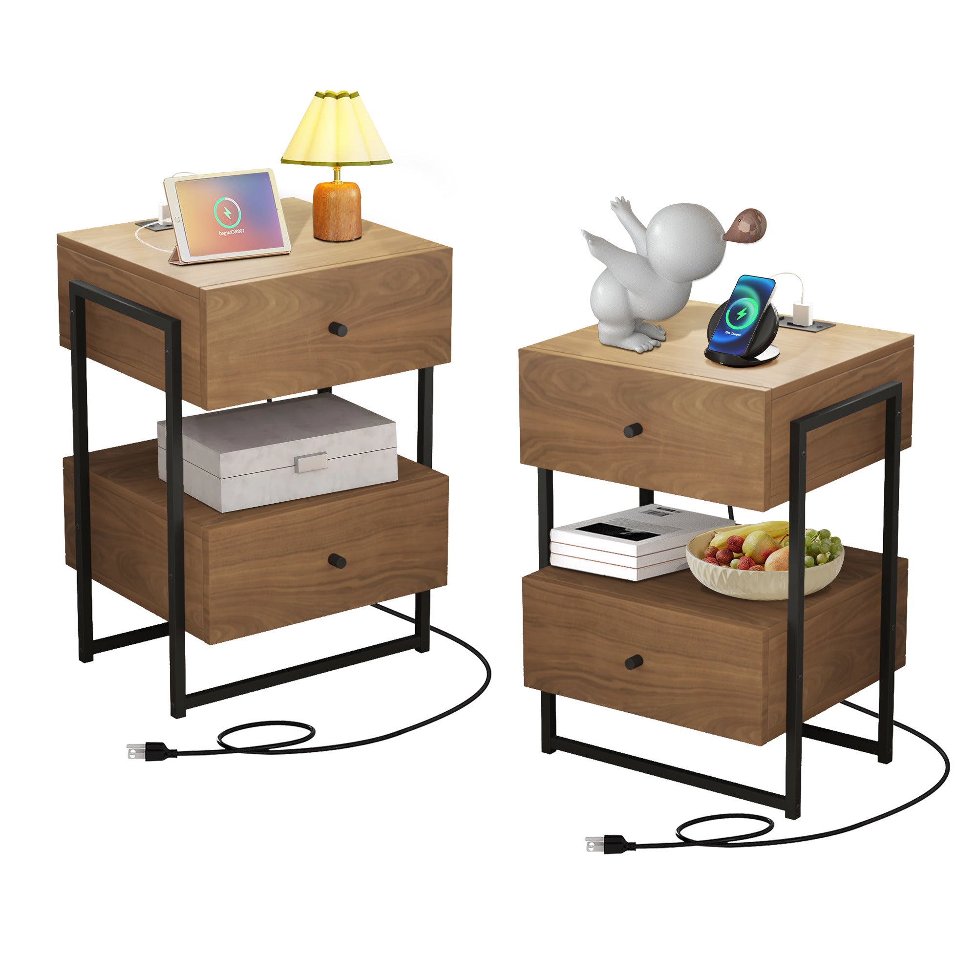 Nightstands Set of 2 with Charging Station, End Table with Storage Drawer, Retro Bedside Tables w/USB Ports and Outlets, Sofa Side Table for Small Space Living Room Bedroom (Walnut)