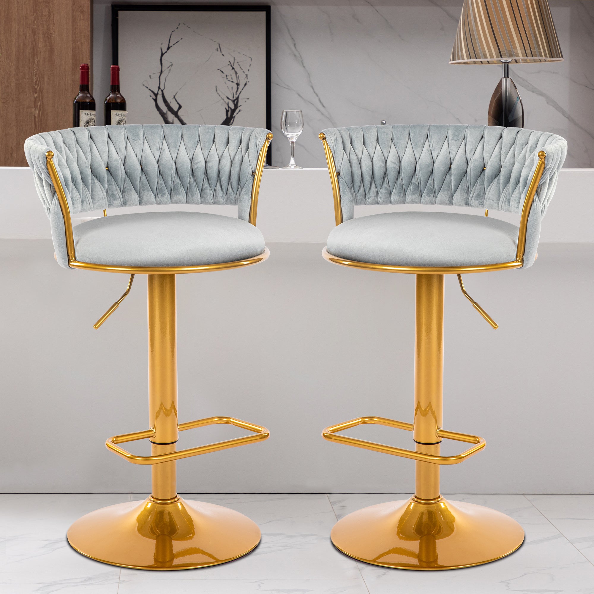 Bar Stools Set of 2, Height Adjustable ,Fabric Around Woven Basket Network Design,Velvet Modern Bar Chairs for Home and Kitchen Counter