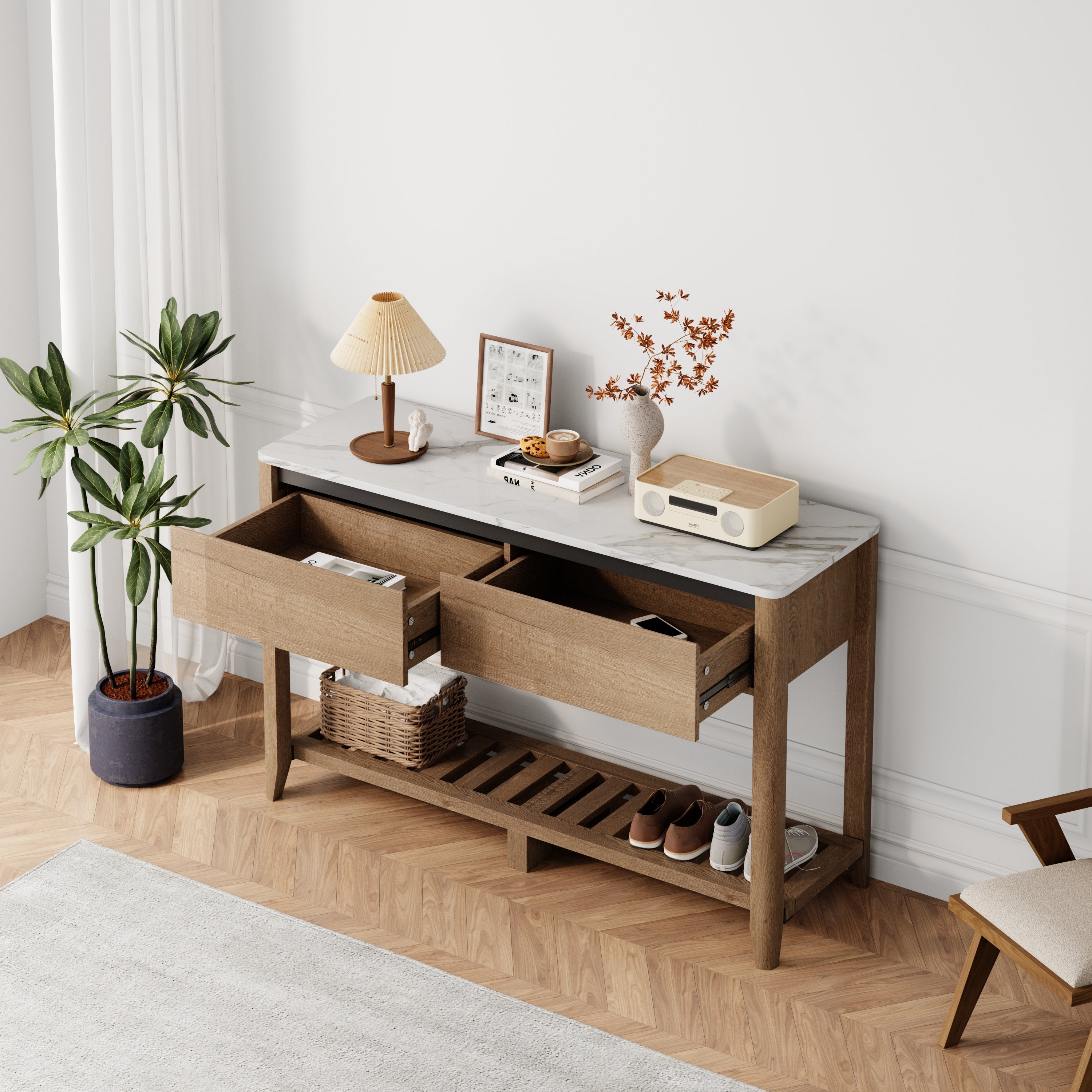 47 Inch Modern Farmhouse Double Drawers Console Table for Living Room or Entryway, Tobacco Wood and White Marble Texture