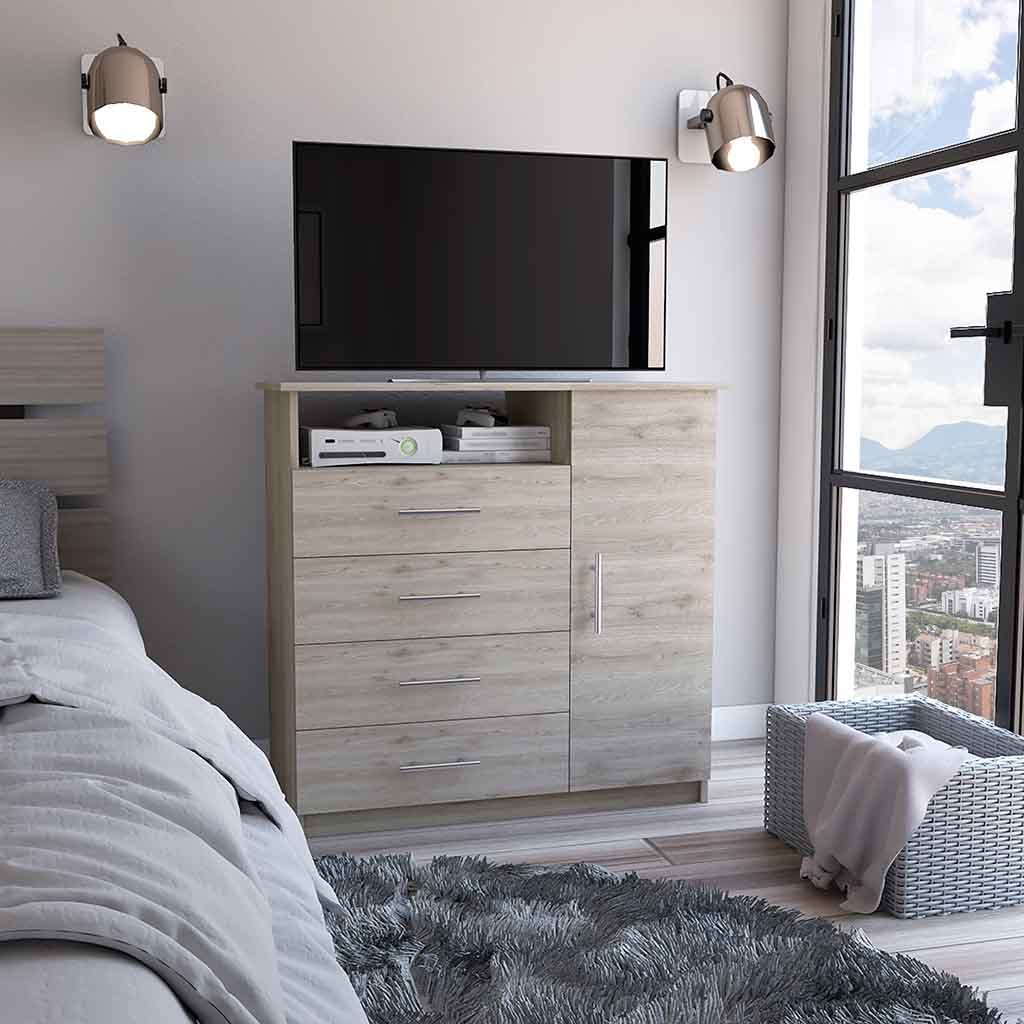 Peru 4 Drawer Dresser, Single Door Cabinet, One Open Shelf, Superior Top -Light Gray