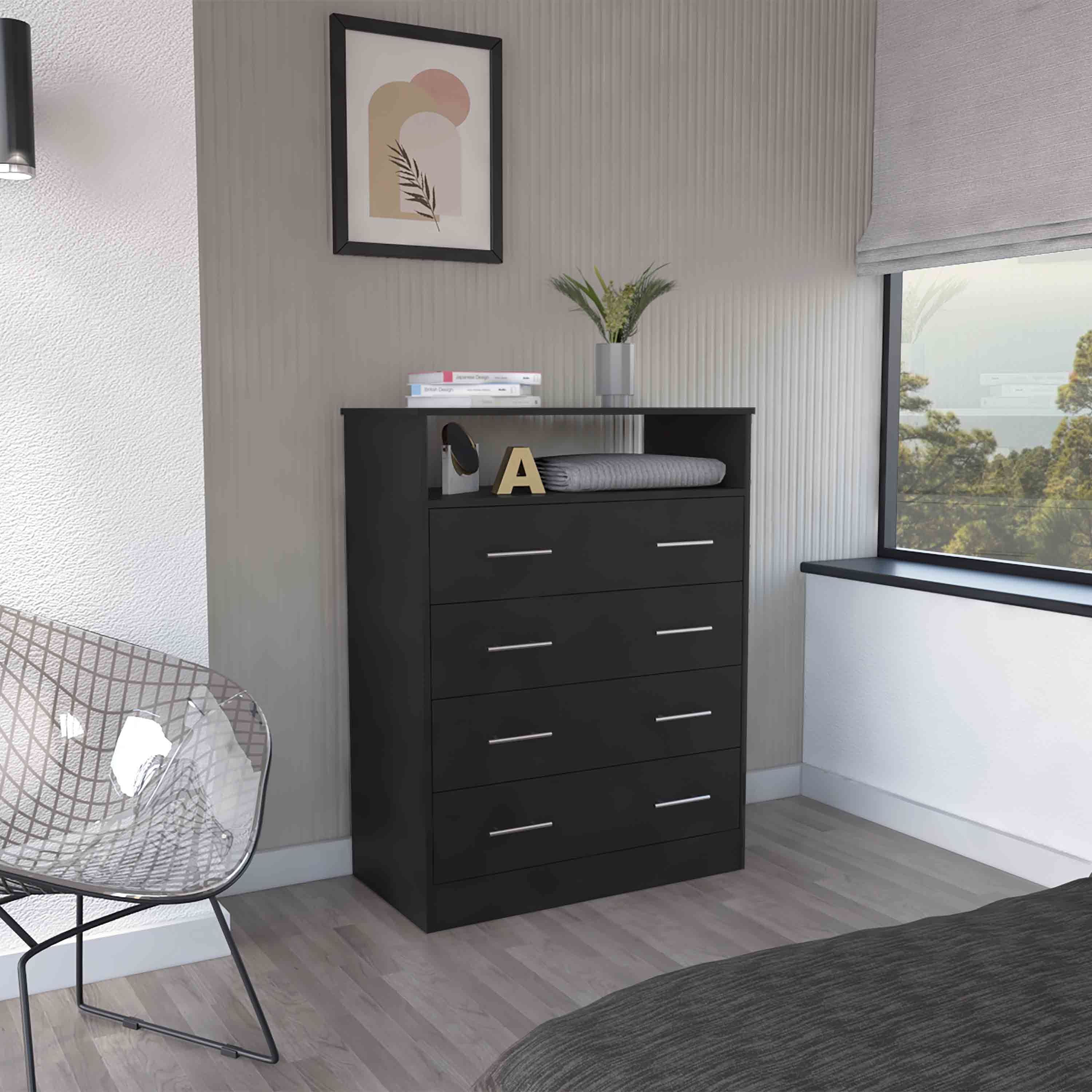 Peru L Four Drawer Dresser, Superior Top, One Open Shelf -Black