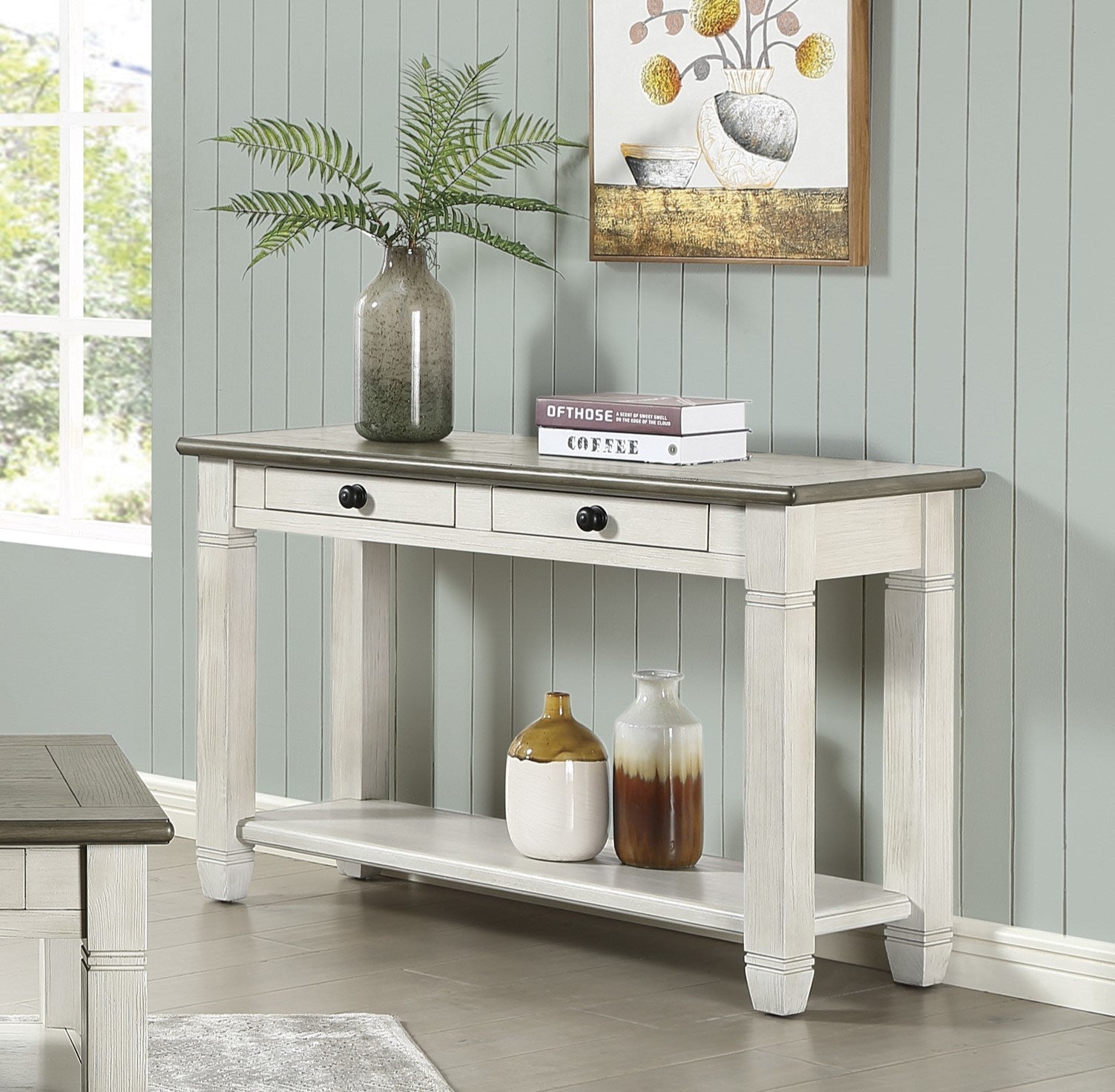 Rosy Brown and Antique White Finish 1pc Sofa Table with 2 Drawers Bottom Shelf Wooden Living Room Furniture