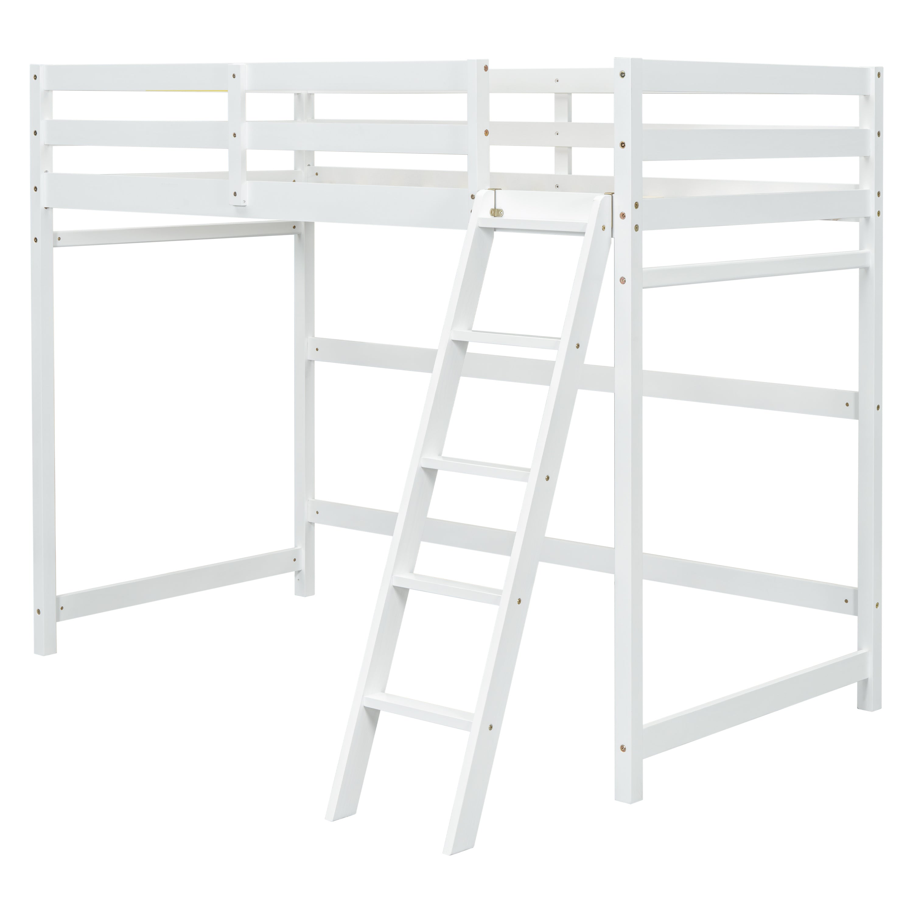 Twin Size High Loft Bed with inclined Ladder, Guardrails,White