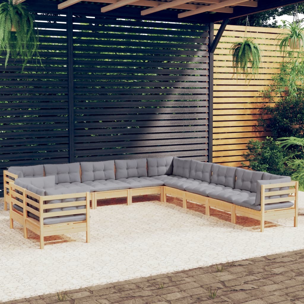 11 Piece Patio Lounge Set with Gray Cushions Solid Pinewood