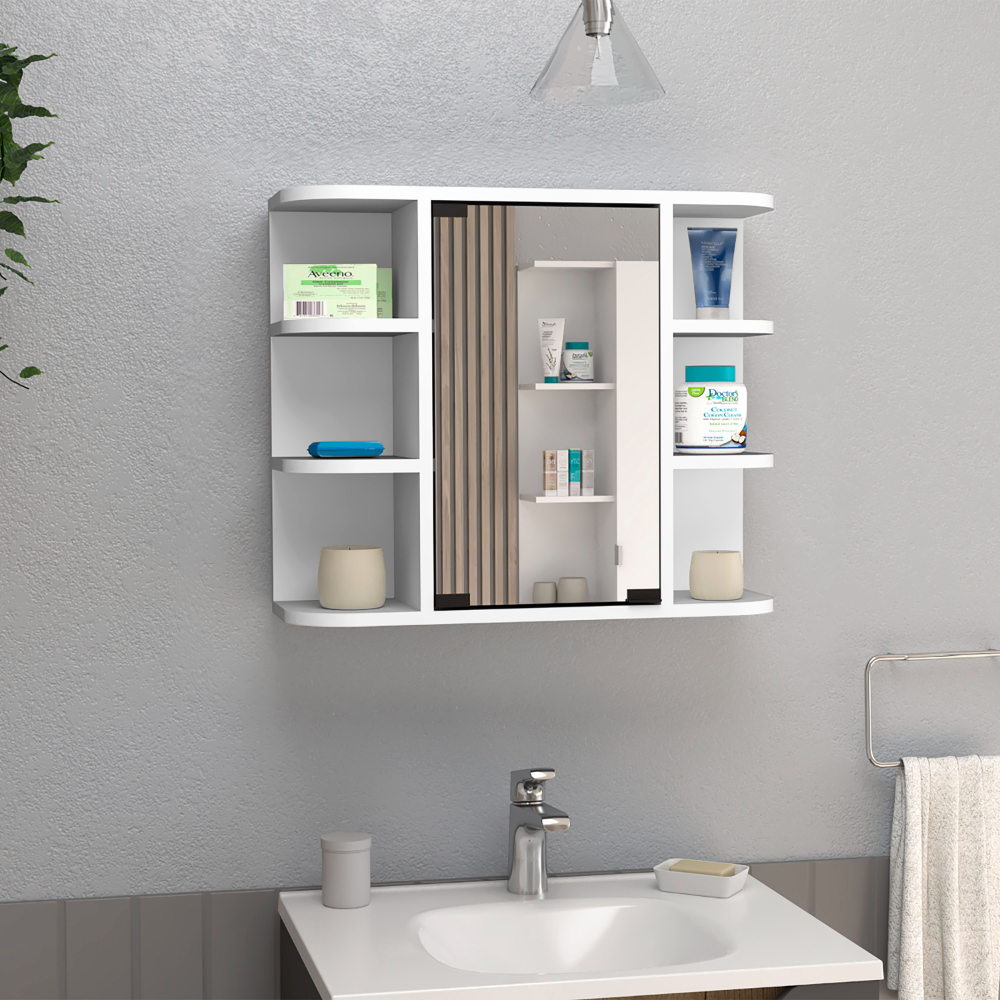 DEPOT E-SHOP Roma Mirrored Medicine Cabinet, Six External Shelves, Three Interior Shelves, White