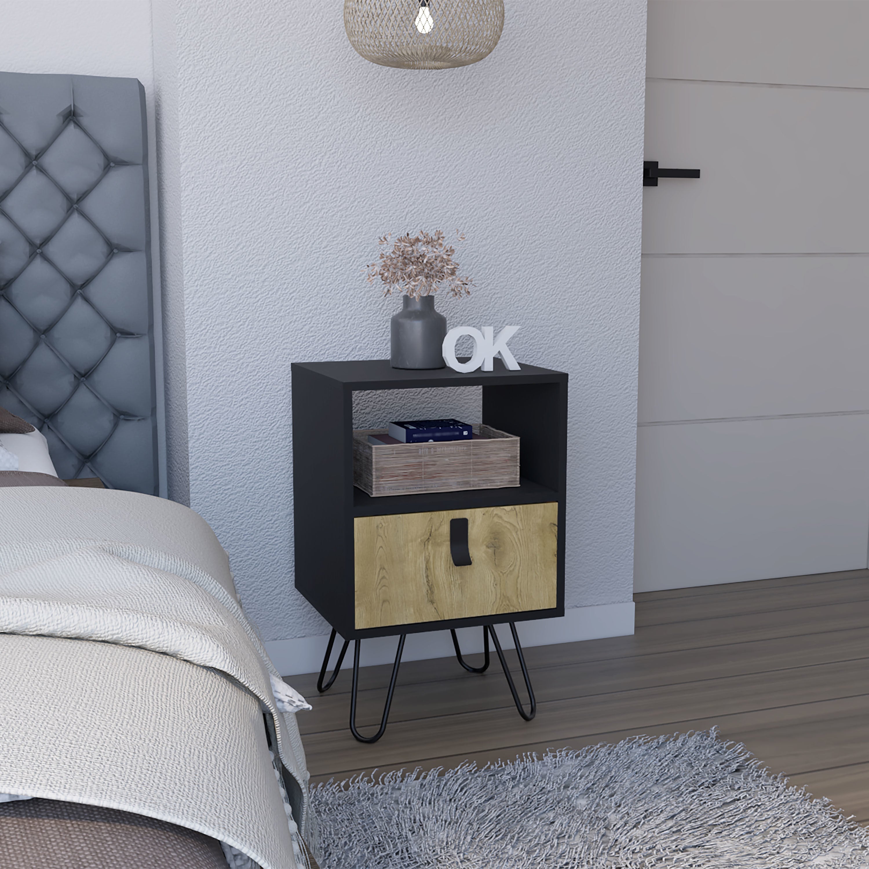 Toka Nightstand, Sleek Design with Hairpin Legs and Drawer, Black / Macadamia