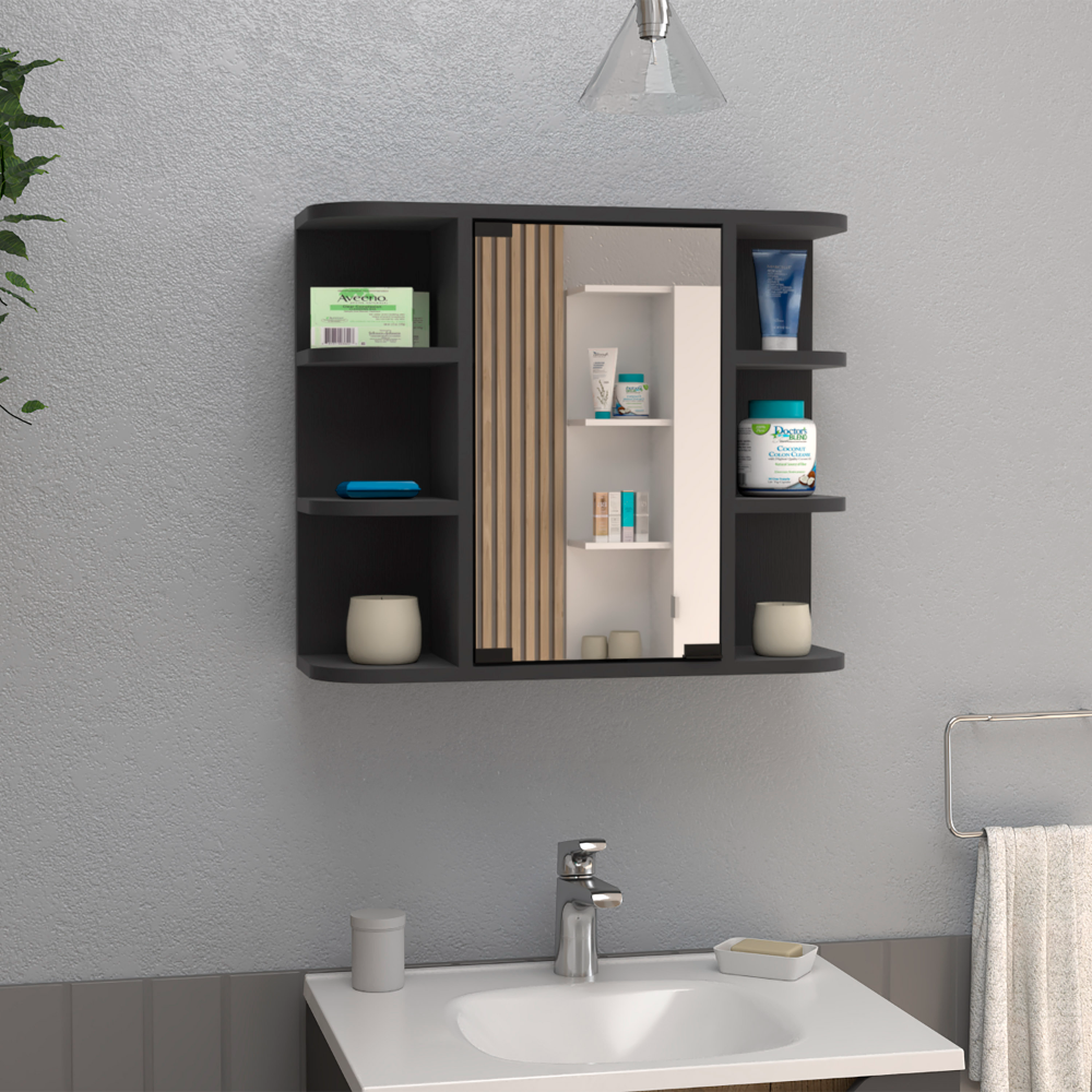 DEPOT E-SHOP Roma Mirrored Medicine Cabinet, Six External Shelves, Three Interior Shelves, Black