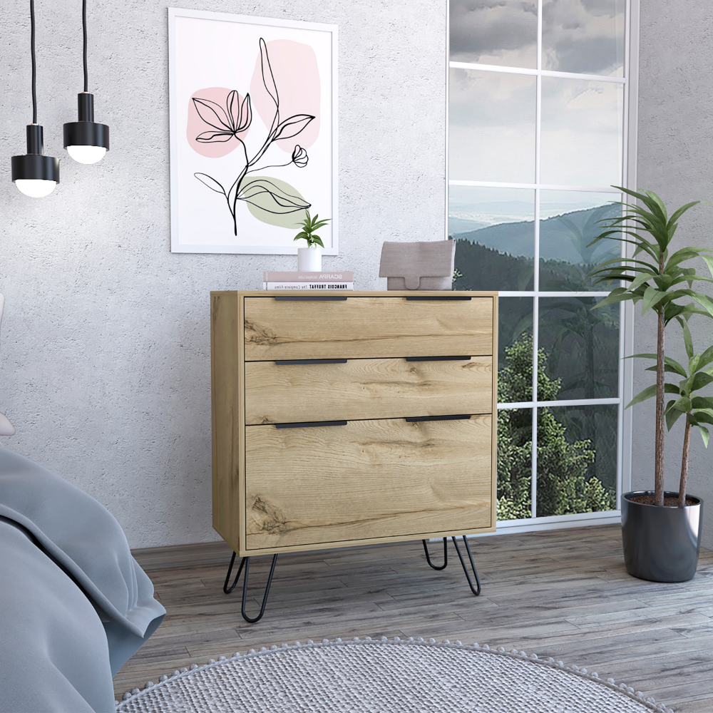 DEPOT E-SHOP Begonia Dresser, Three Drawers, Superior Top, Hairpin Legs, Light Oak