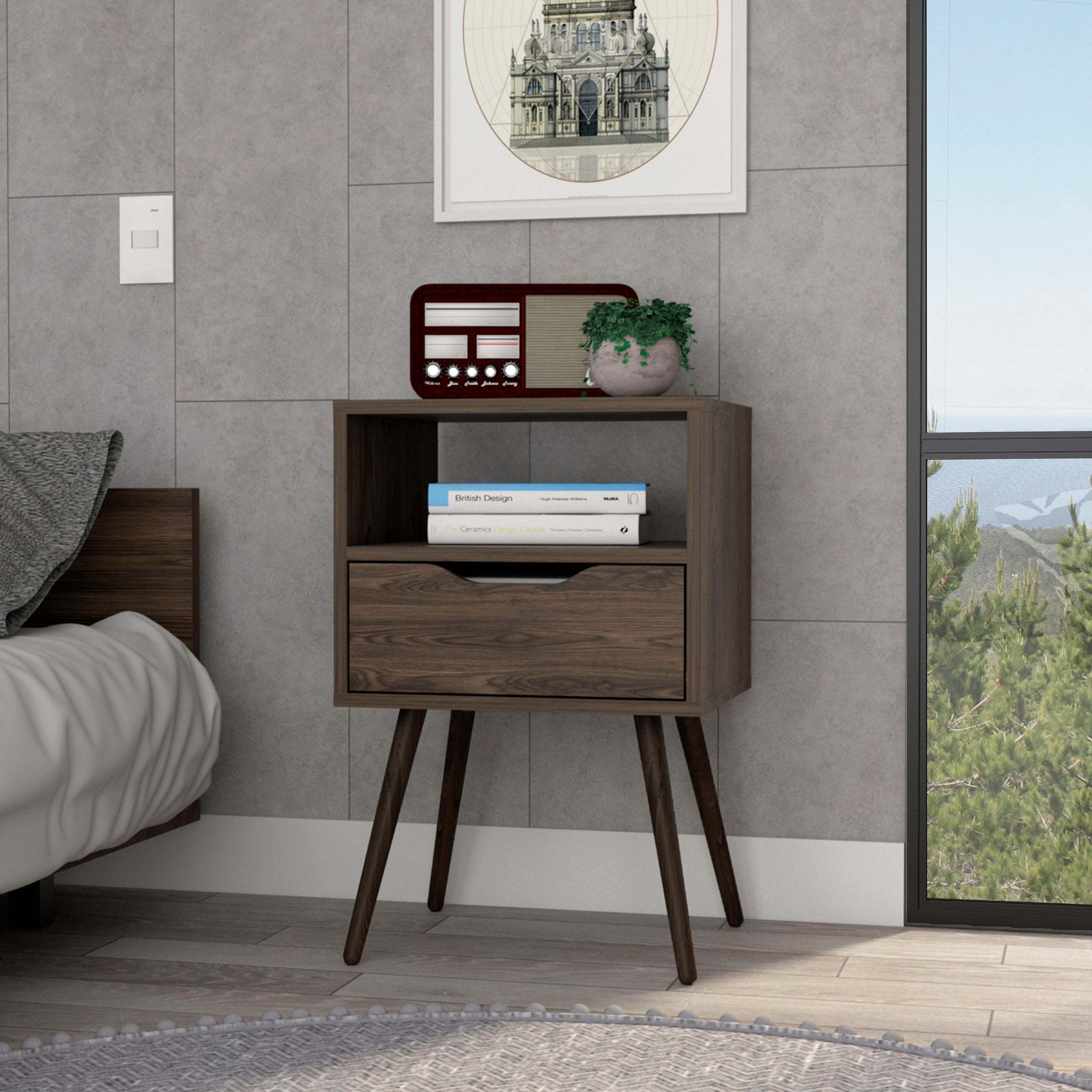 DEPOT E-SHOP Emma Nightstand, Superior Top, Four Legs, One Open Shelf, One Drawer, Dark Walnut