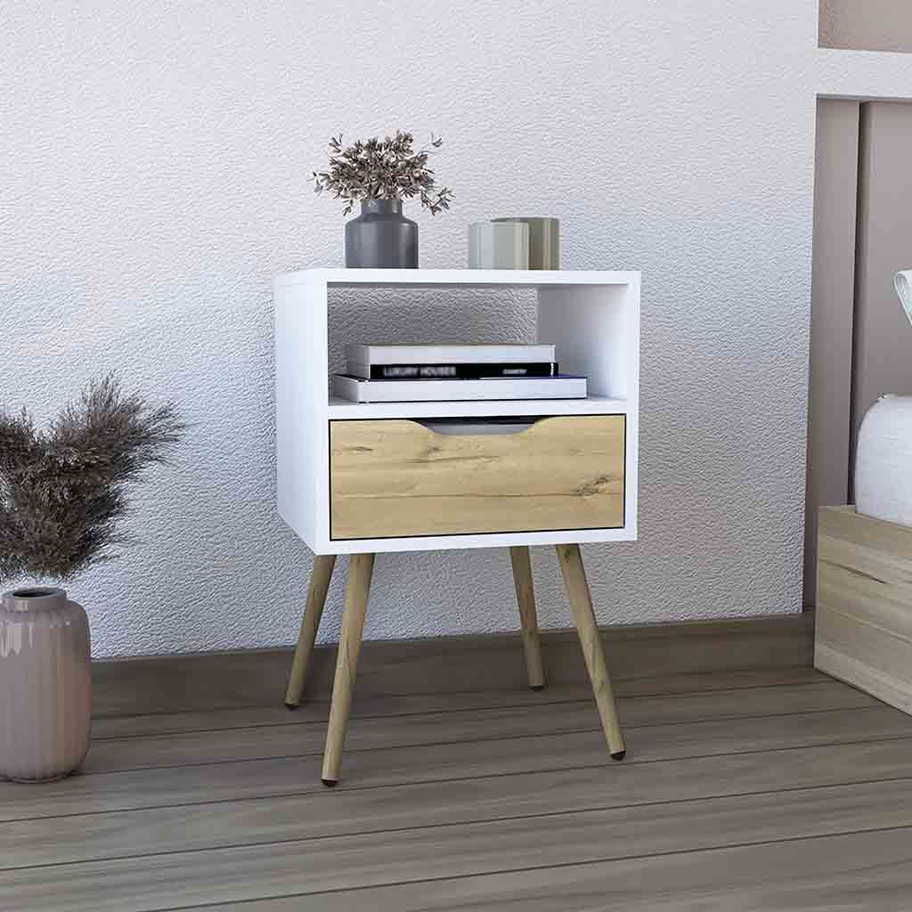 DEPOT E-SHOP Emma Nightstand, Superior Top, Four Legs, One Open Shelf, One Drawer, White / Light Oak