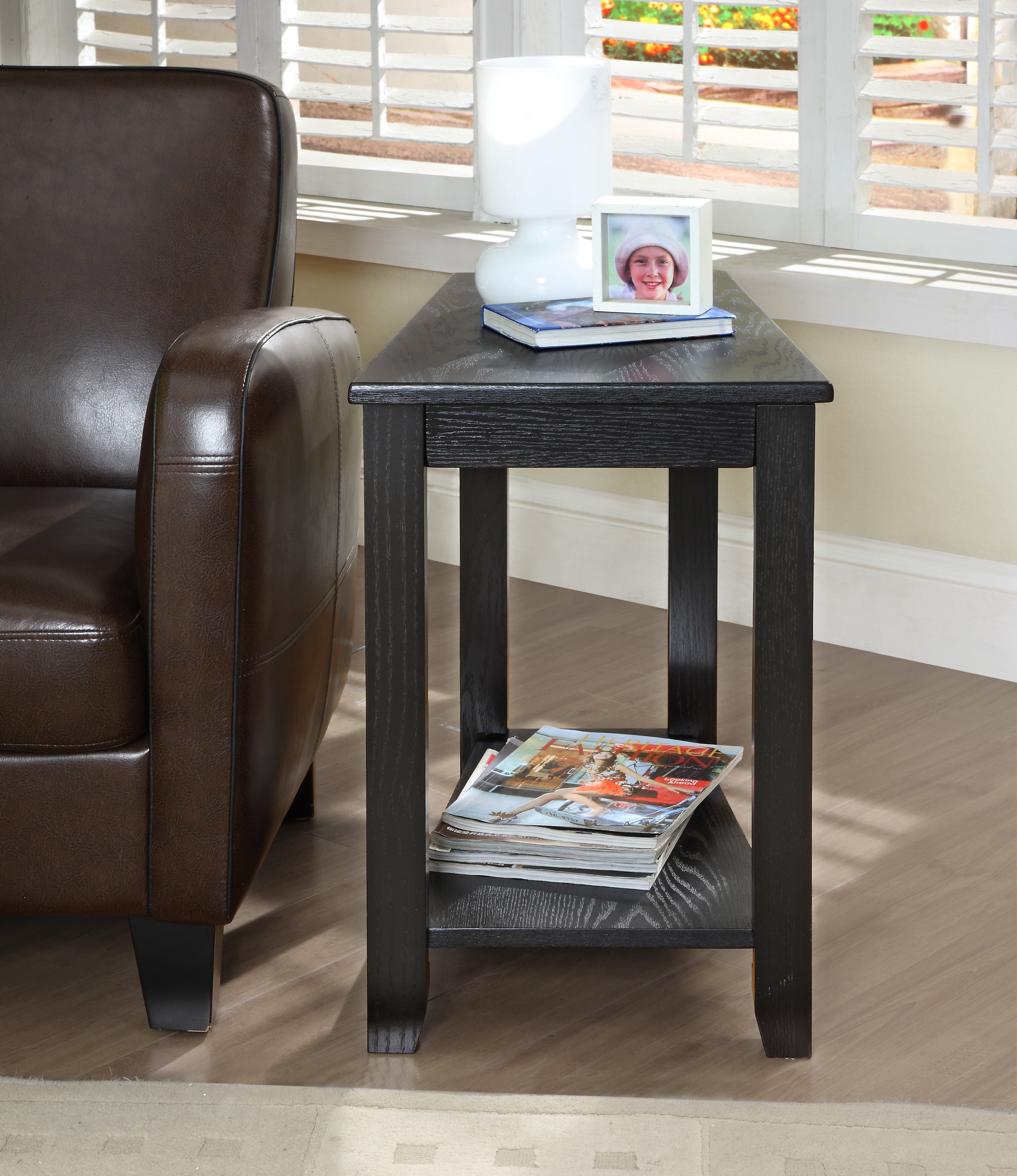 Contemporary Black Finish Chairside Table with Lower Shelf Wedge Shape Wooden Furniture 1pc Side Table