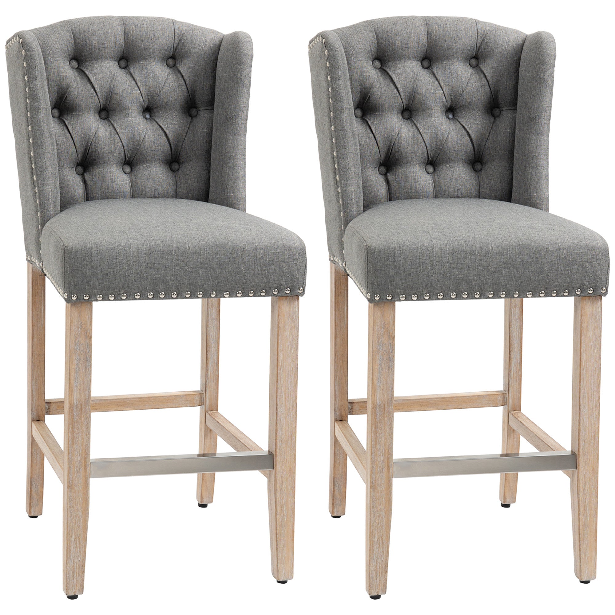 HOMCOM Counter Height Bar Stools Set of 2 with Wood Legs, Light Grey