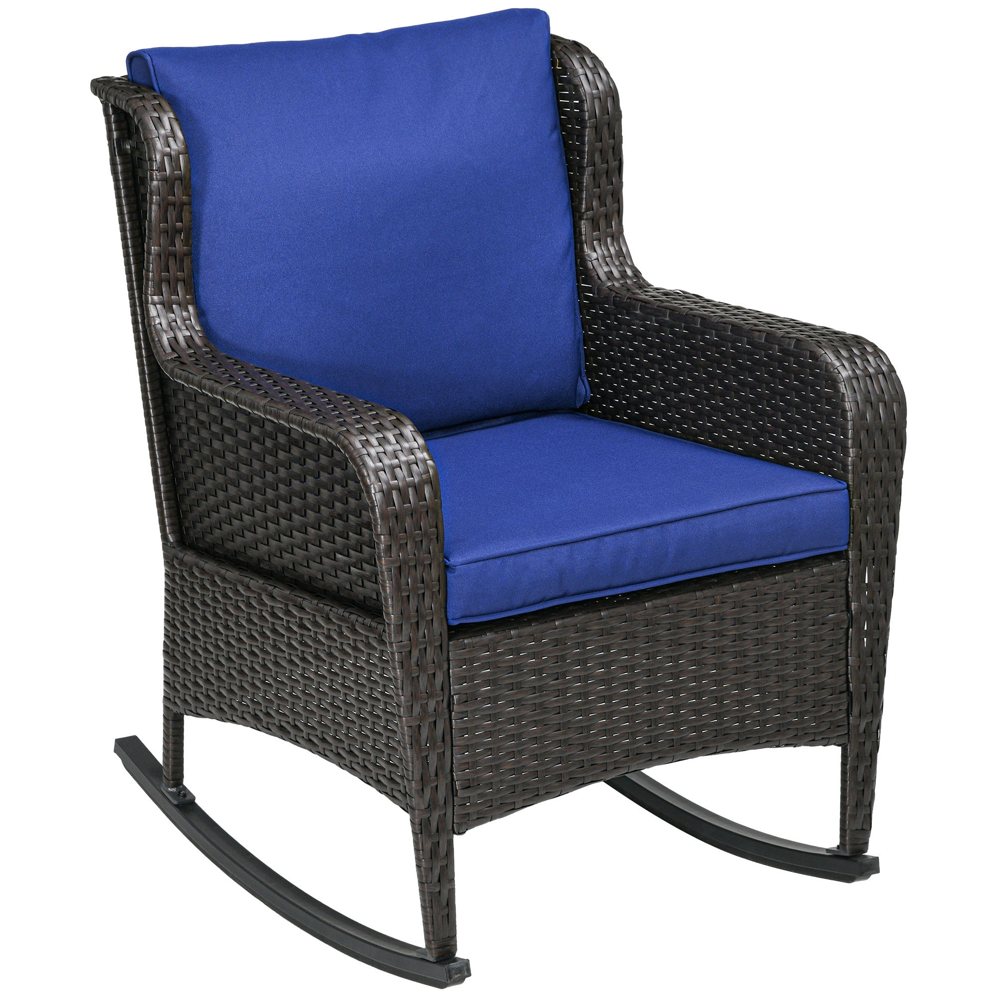 Outsunny Outdoor Wicker Rocking Chair with Wide Seat, Thick Cushions, Rattan Rocker with Steel Frame, High Weight Capacity for Patio, Garden, Backyard, Dark Blue