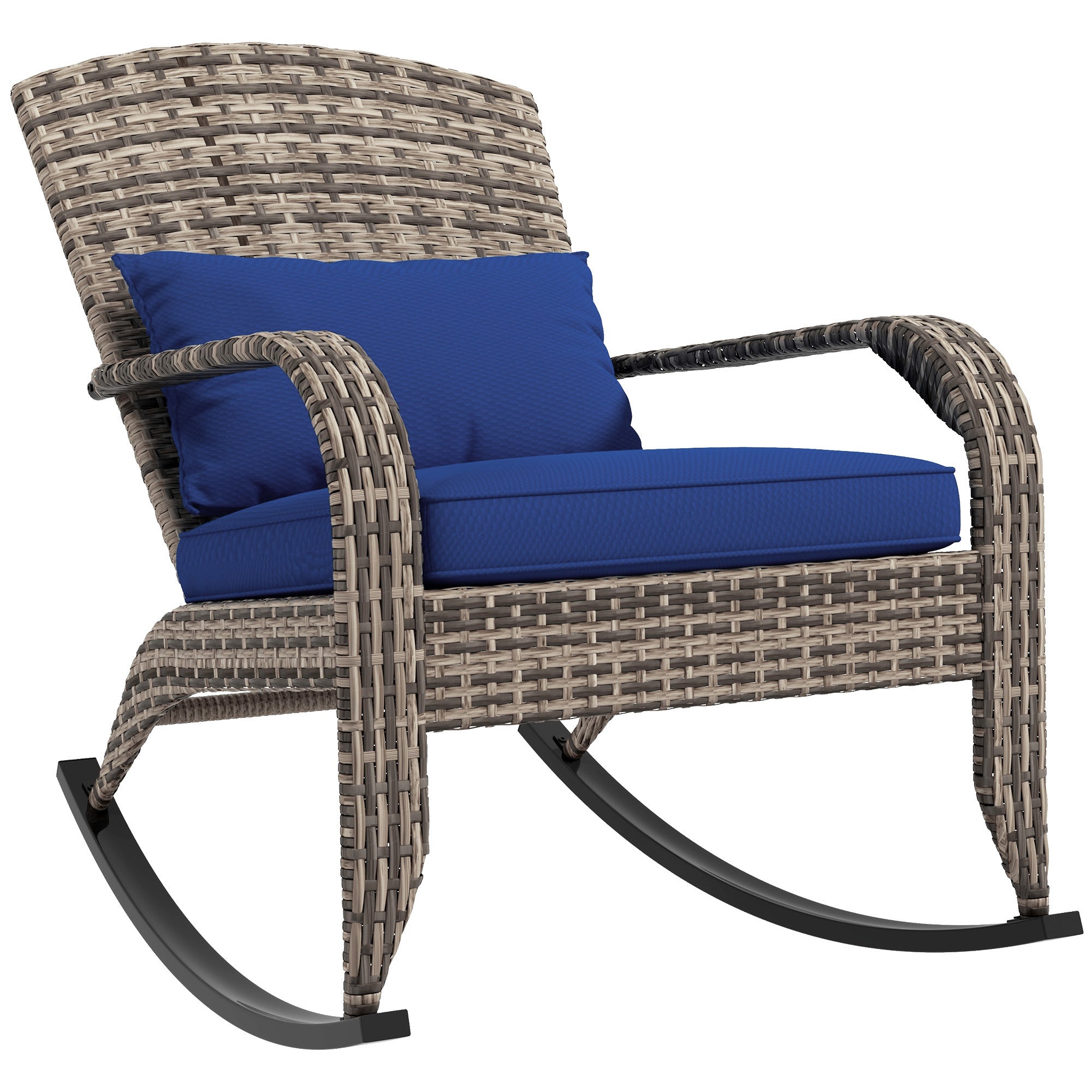 Outsunny Outdoor Wicker Adirondack Rocking Chair, Patio Rattan Rocker Chair with High Back, Seat Cushion, and Pillow for Garden, Porch, Balcony, Dark Blue