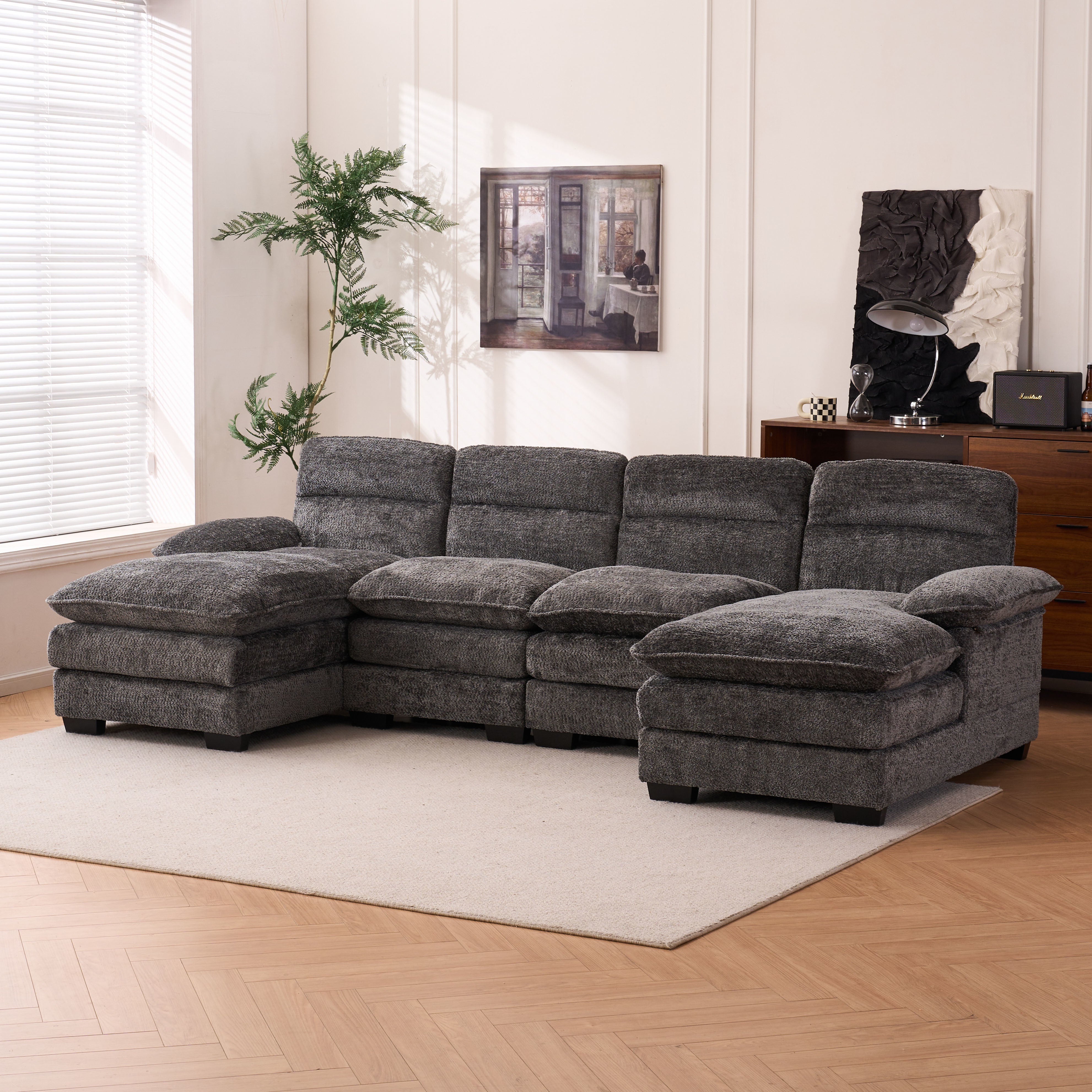 U-shaped profile sofa, including two single seats and two chains, modular sofa, Chenille sofa,Grey