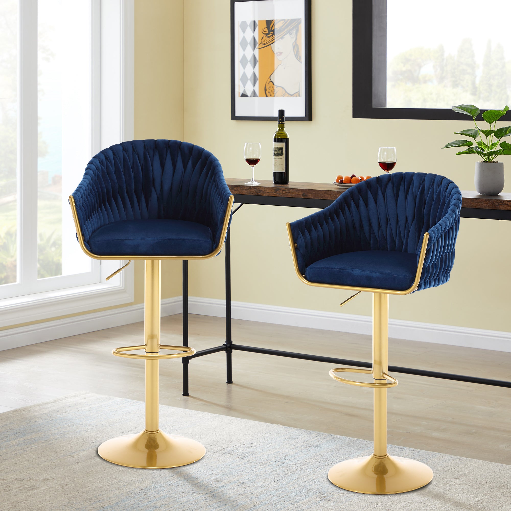 Bar Stools Set of 2,Counter Height Bar Stools,Velvet Swivel Bar Stool for Kitchen Island,Bar Pub BLUE