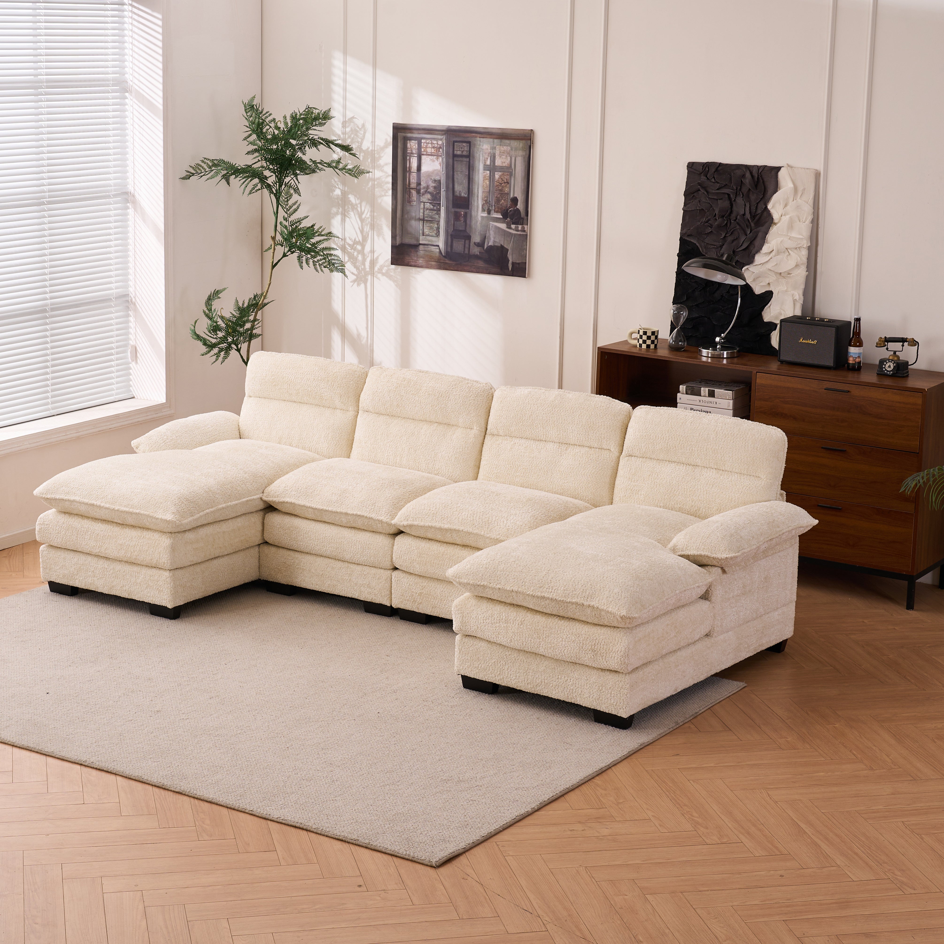 U-shaped profile sofa, including two single seats and two chains, modular sofa, Chenille sofa,White