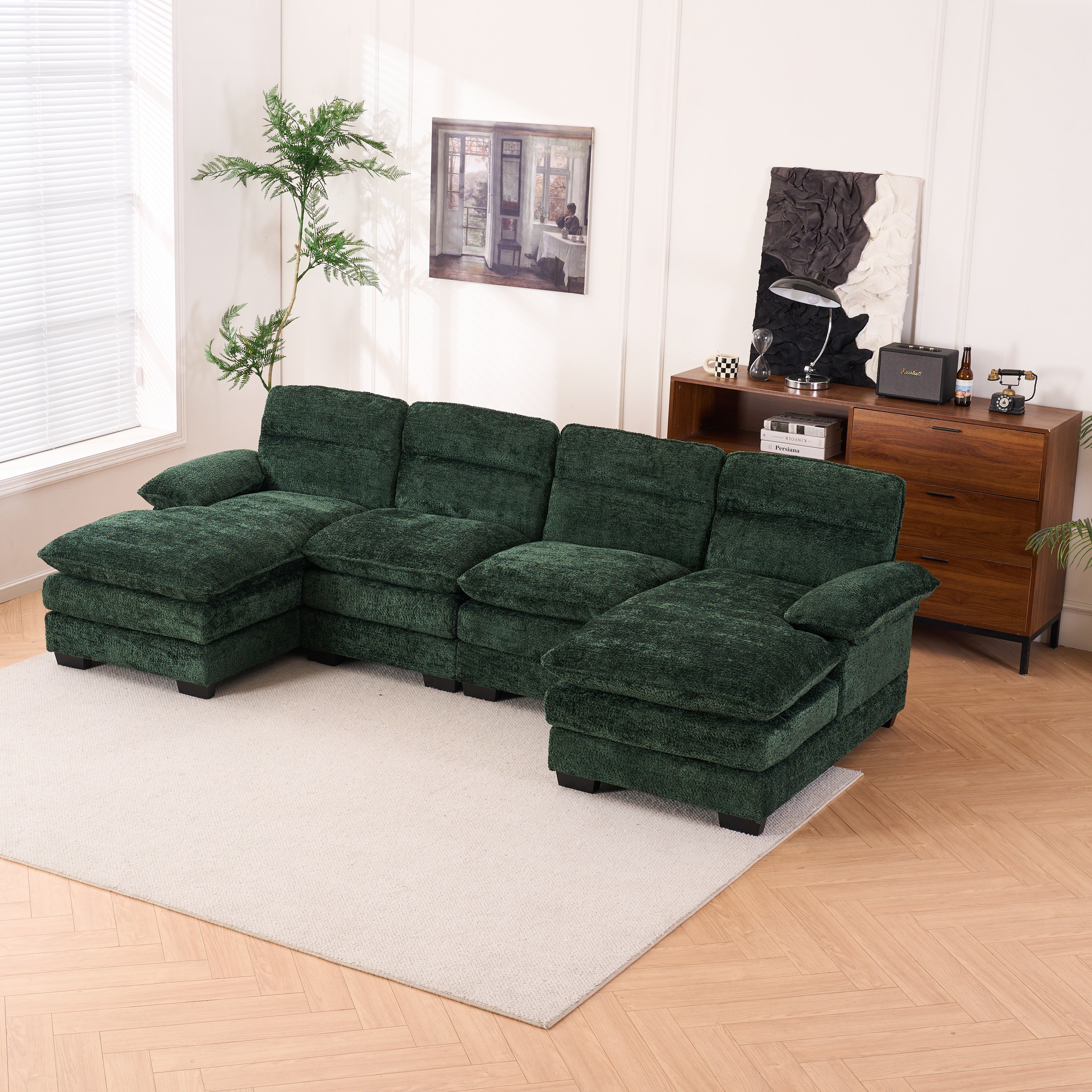 U-shaped profile sofa, including two single seats and two chains, modular sofa, Chenille sofa,Green