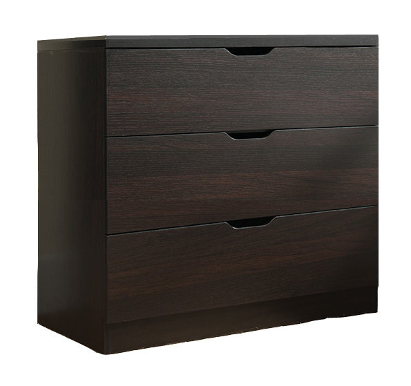 Modern dark chocolate three drawer chest and clothes storage cabinet with metal drawer glides
