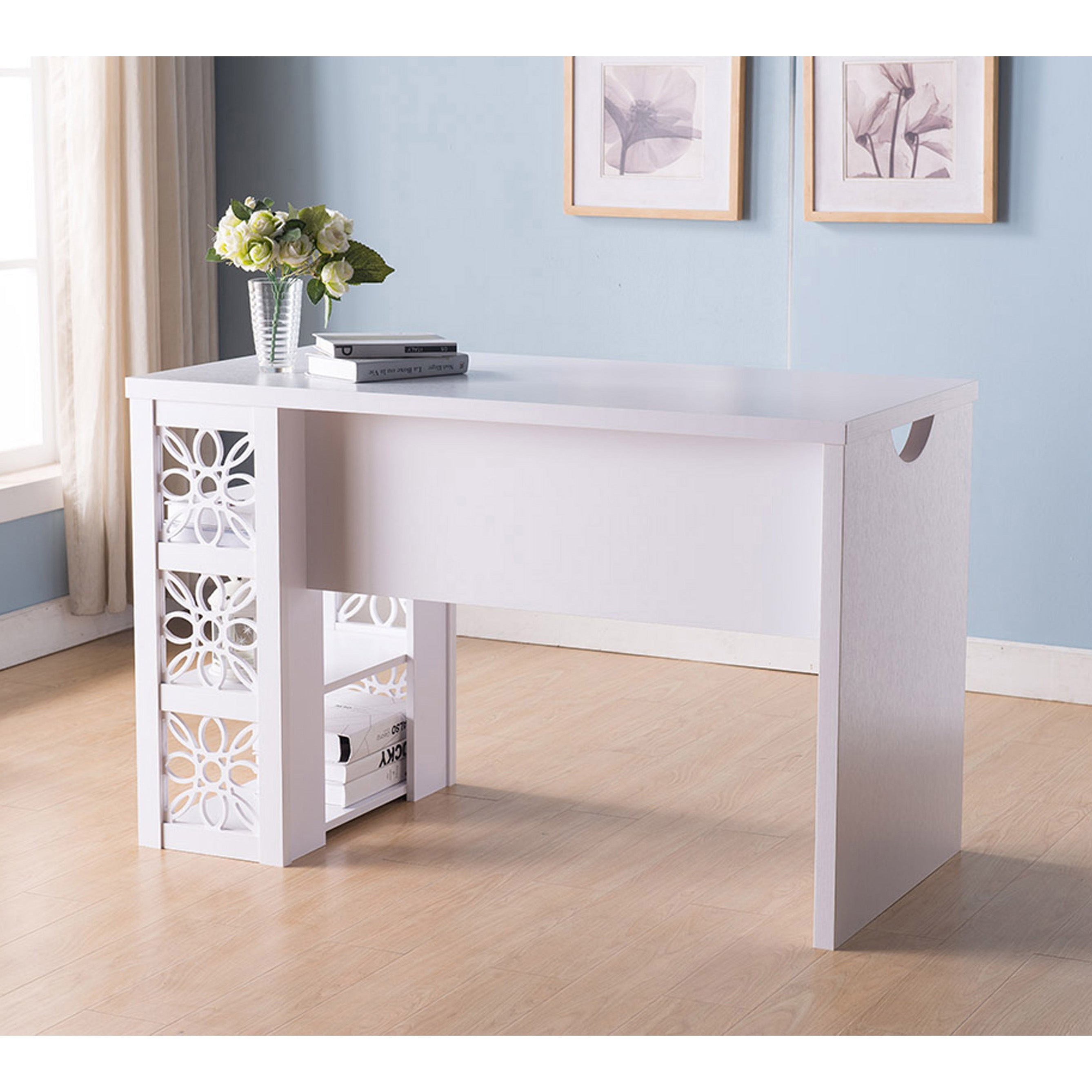 Modern white desk with attached bookcase with stamped out flower design finished on the backside