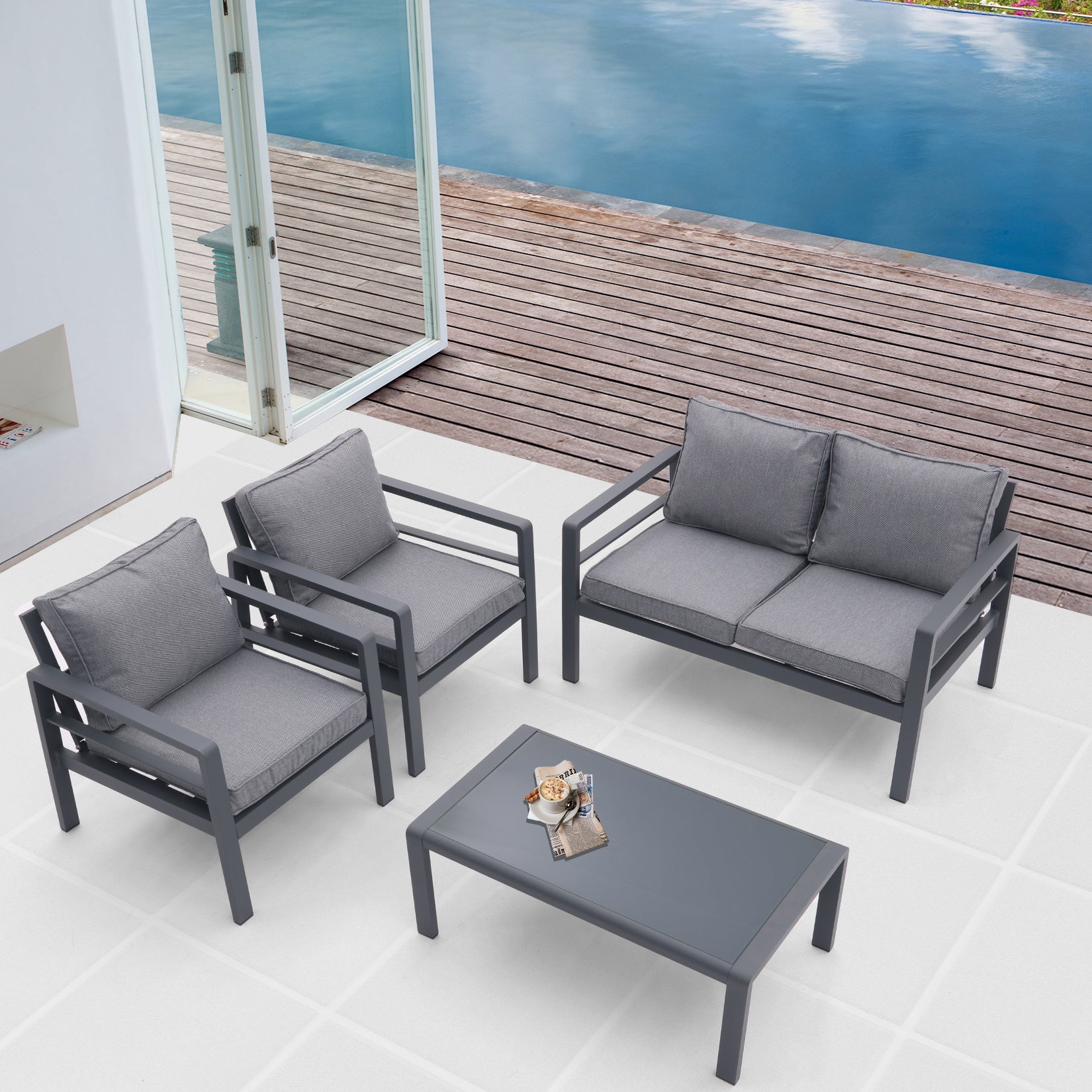 4-piece Aluminum Outdoor Patio Conversation Set,All-Weather Sectional Sofa Outside Furniture with Removable Cushions and Tempered Glass Coffee Table for Courtyard,Poolside,Deck,Balcony(Grey)