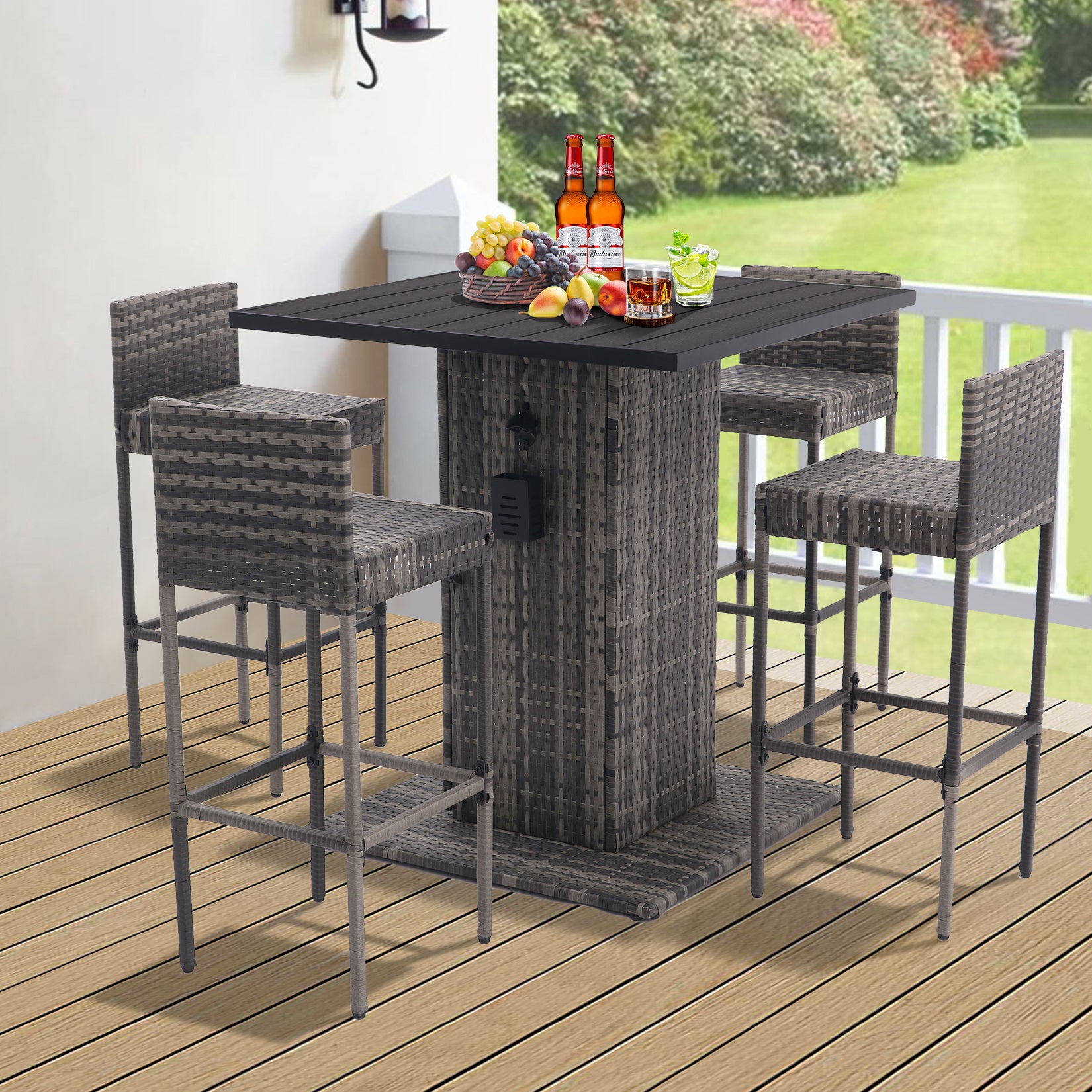 5-Piece Outdoor Conversation Bar Set,All Weather PE Rattan and Steel Frame Patio Furniture With Metal Tabletop and Stools for Patios, Backyards, Porches, Gardens, Poolside (Gray Gradient)