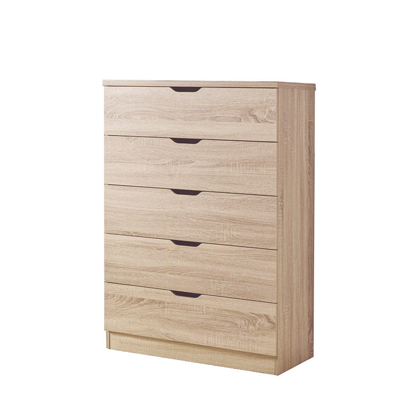 Modern natural finish five drawer chest clothes storage cabinet with metal drawer glides