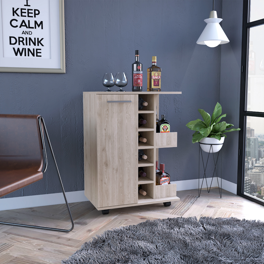 DEPOT E-SHOP Magda Bar Cart, Four Casters, Single Door Cabinet, Two External Shelves, Light Oak